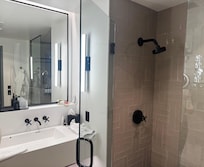 Excellent lighting in the bathroom, with two sinks.