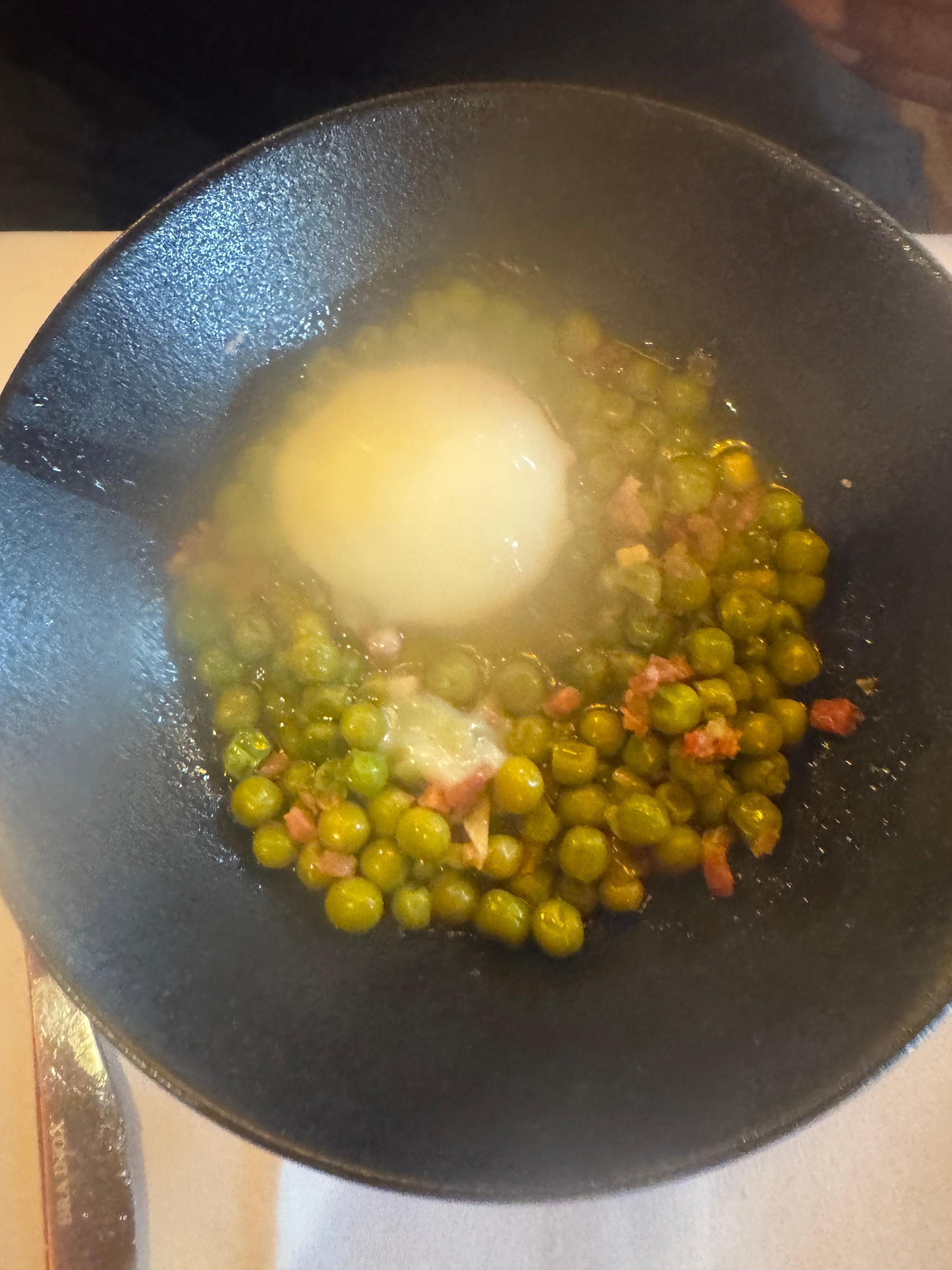Brunch poached egg with peas and ham part of prefix, This was the appetizer my hubby chose 