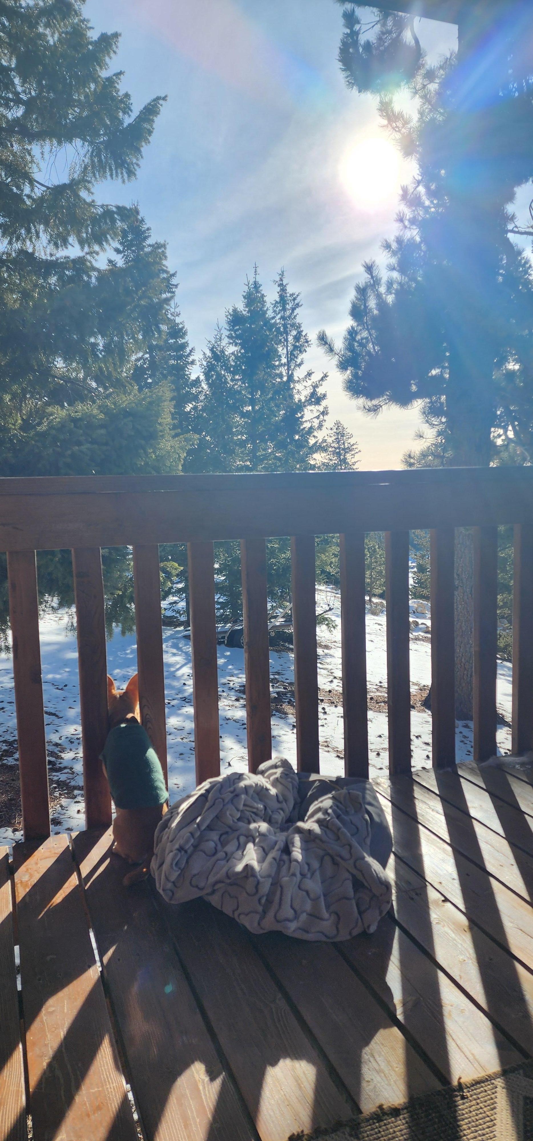 Enjoying the sunny deck and beautiful mountain view.