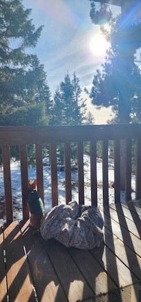 Enjoying the sunny deck and beautiful mountain view.