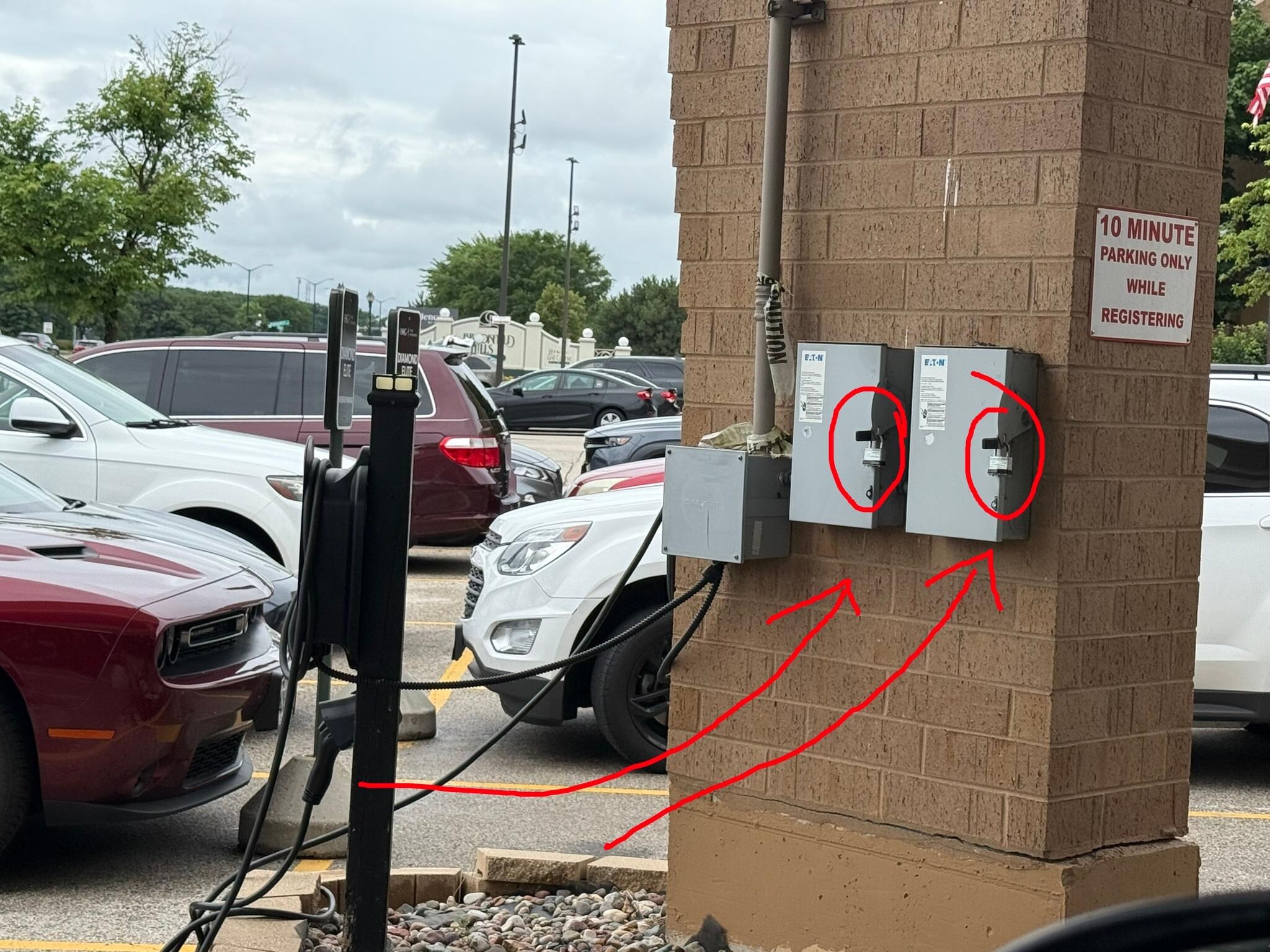 Charges have locks with switches turned off. So don't bother trying to charge your car, since they won't have any power.