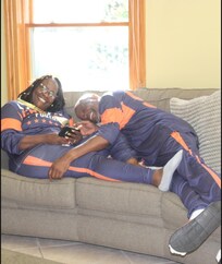 Husband and I chilling in the living room on a very comfortable couch that was very comfortable and newer furniture from 5 years ago. That's how you know the property is well taken care of.