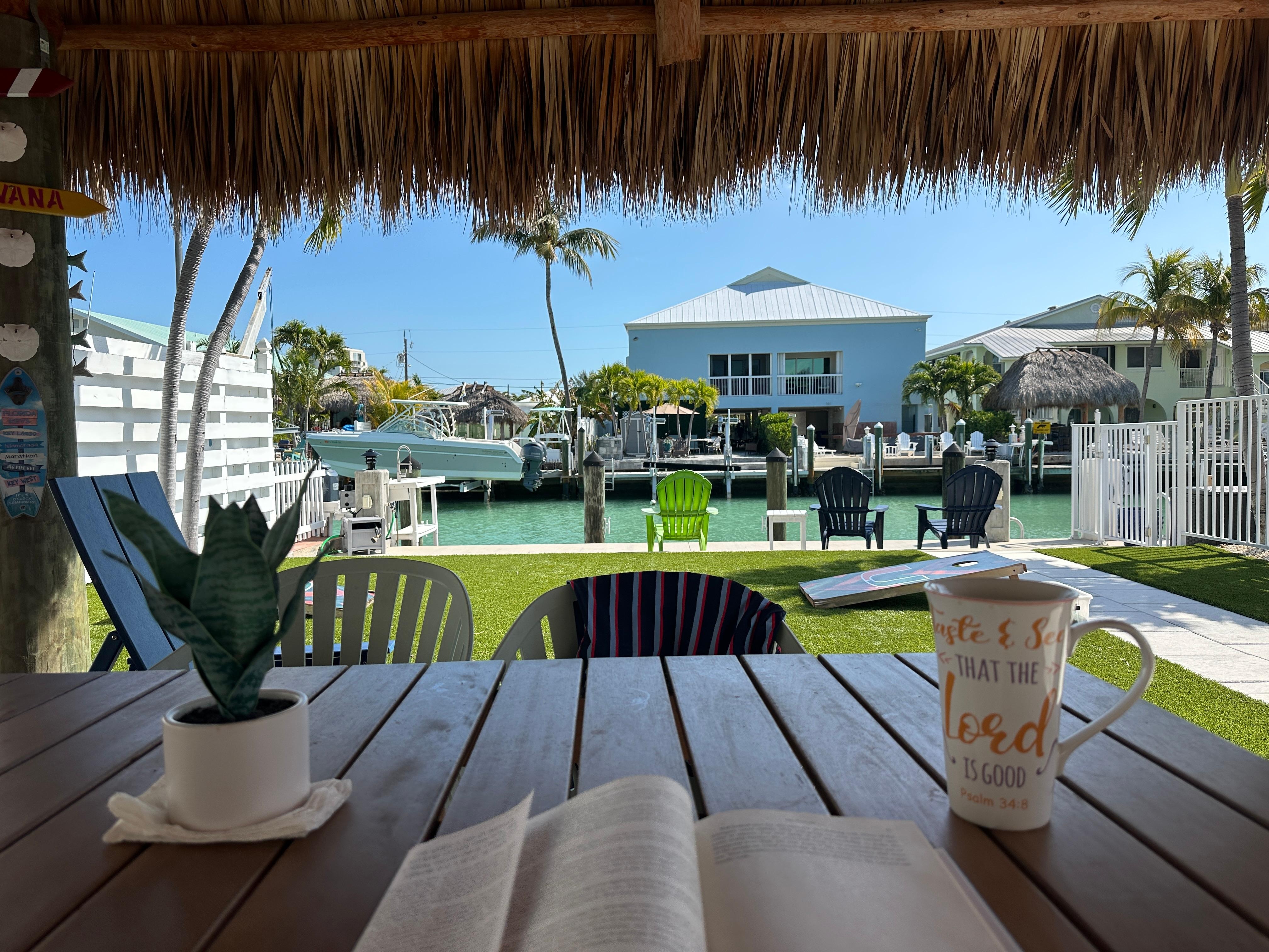 View of backyard and canal from outdoor dining table (under tiki)