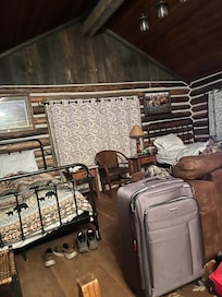 Inside of creek cabin. Very cozy.