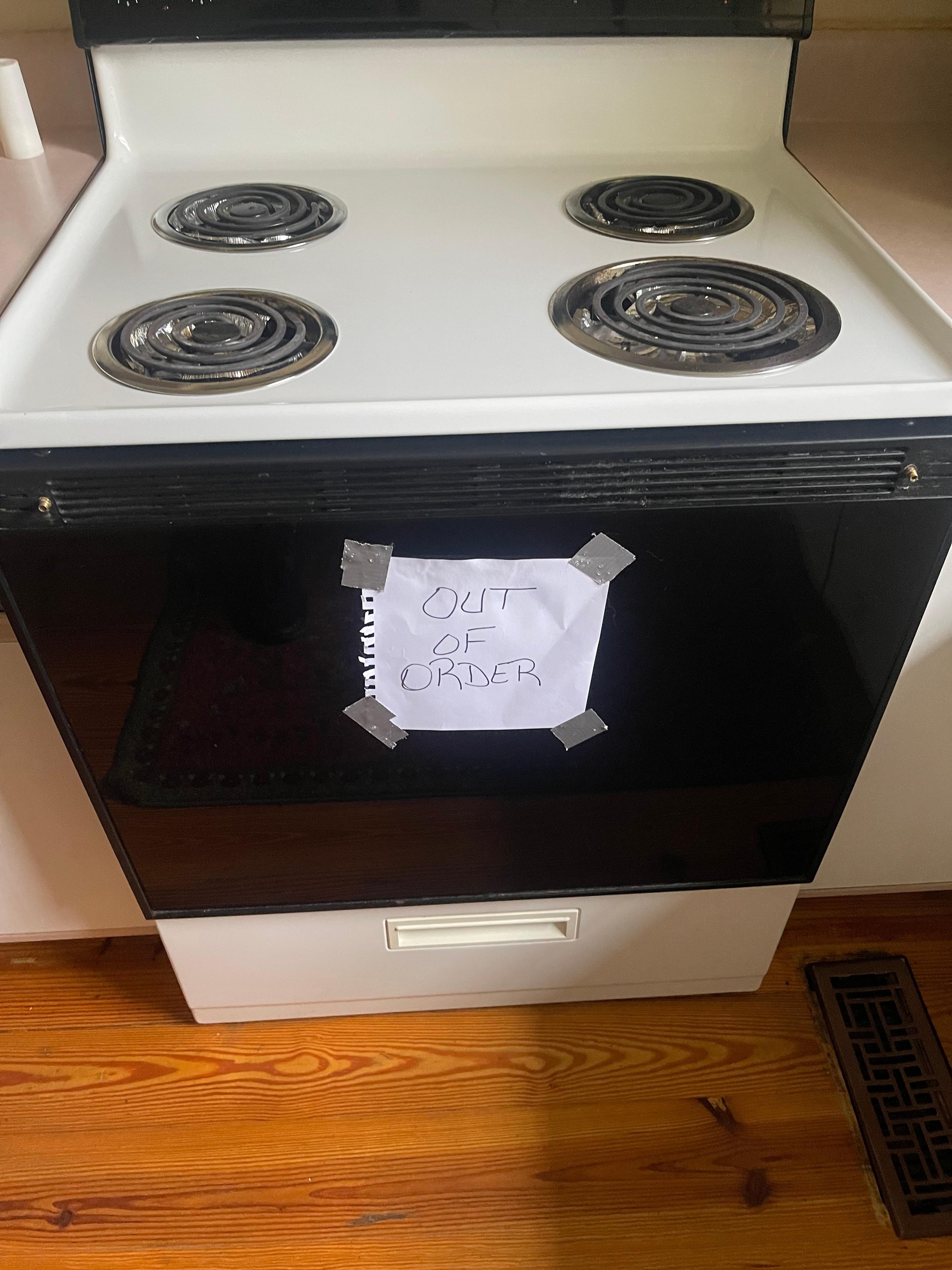 The sign on the stove soon as we walked In