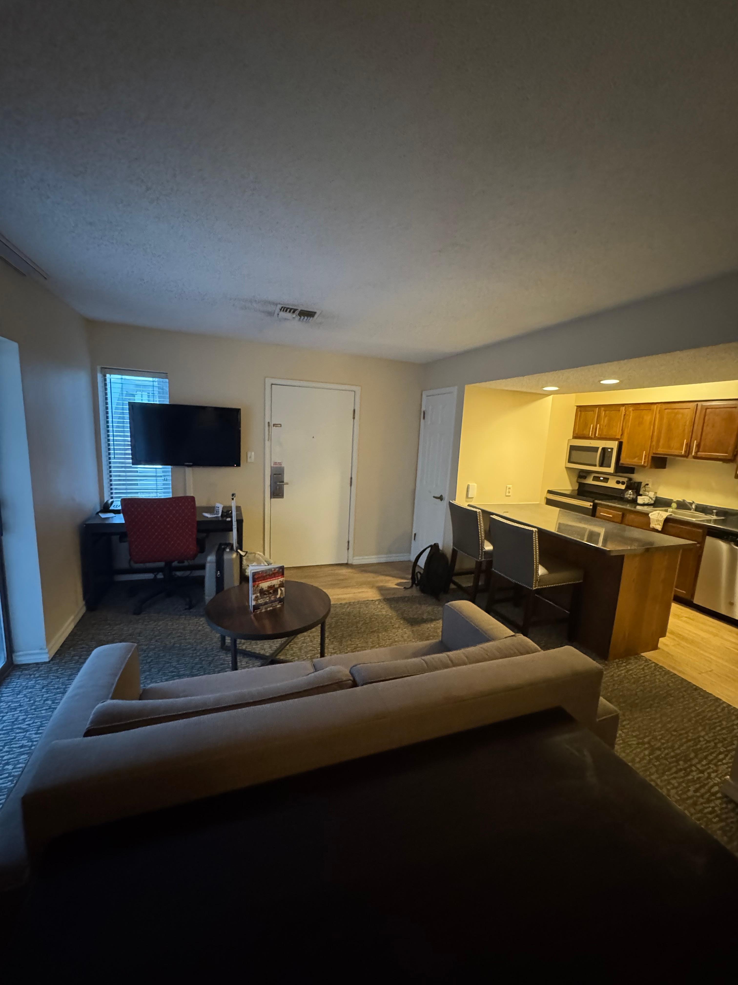 View from bed to kitchen/living room 