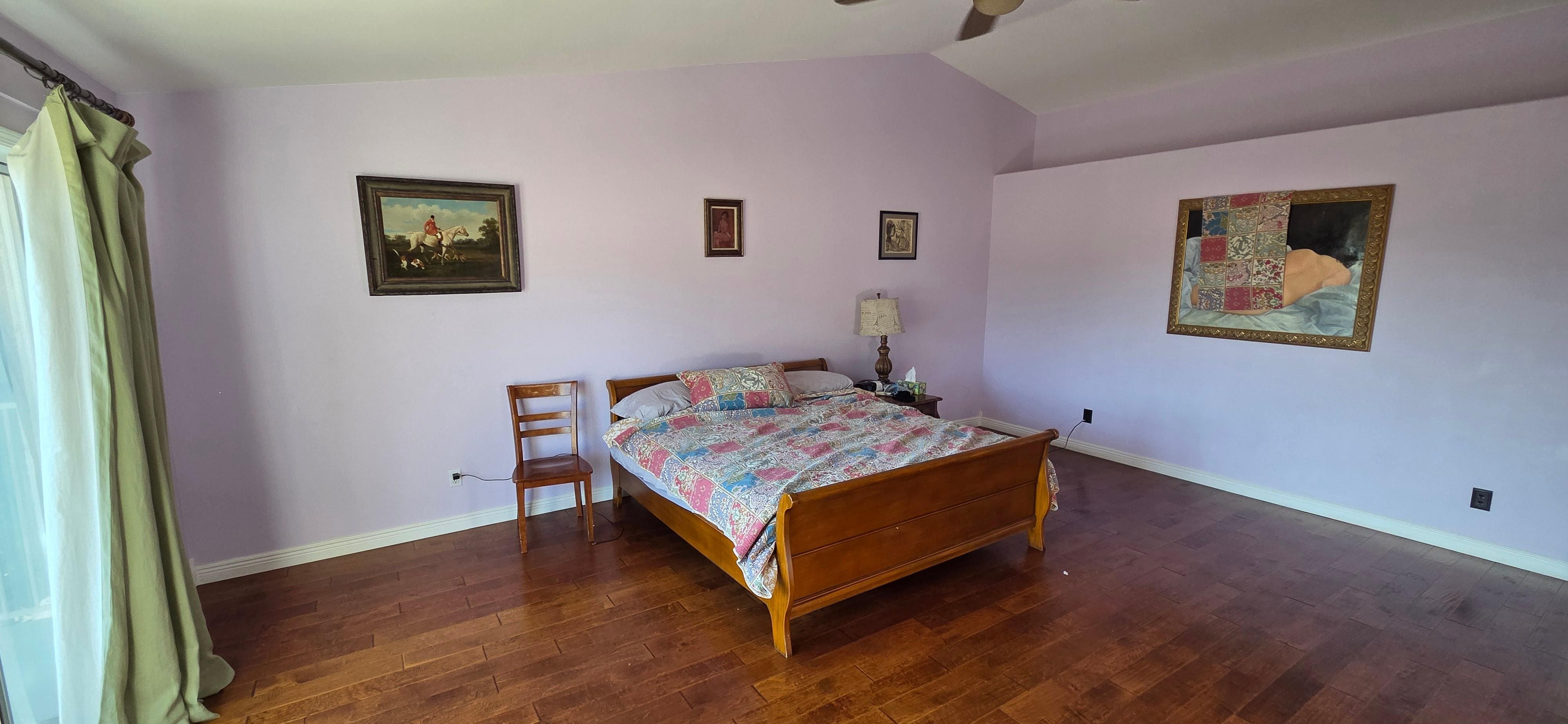 Master bedroom- no TV, not the beautiful 4 poster bed, no dressers, no rugs, one night stand, chair for the other side. The art is censored to be family friendly.