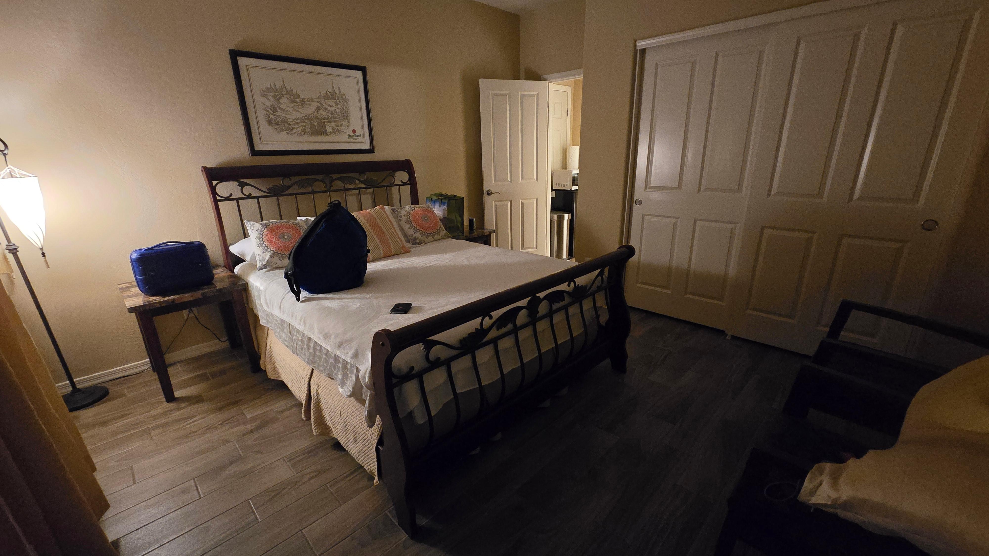 Sleeping space includes an overhead fan, AC, and TV.