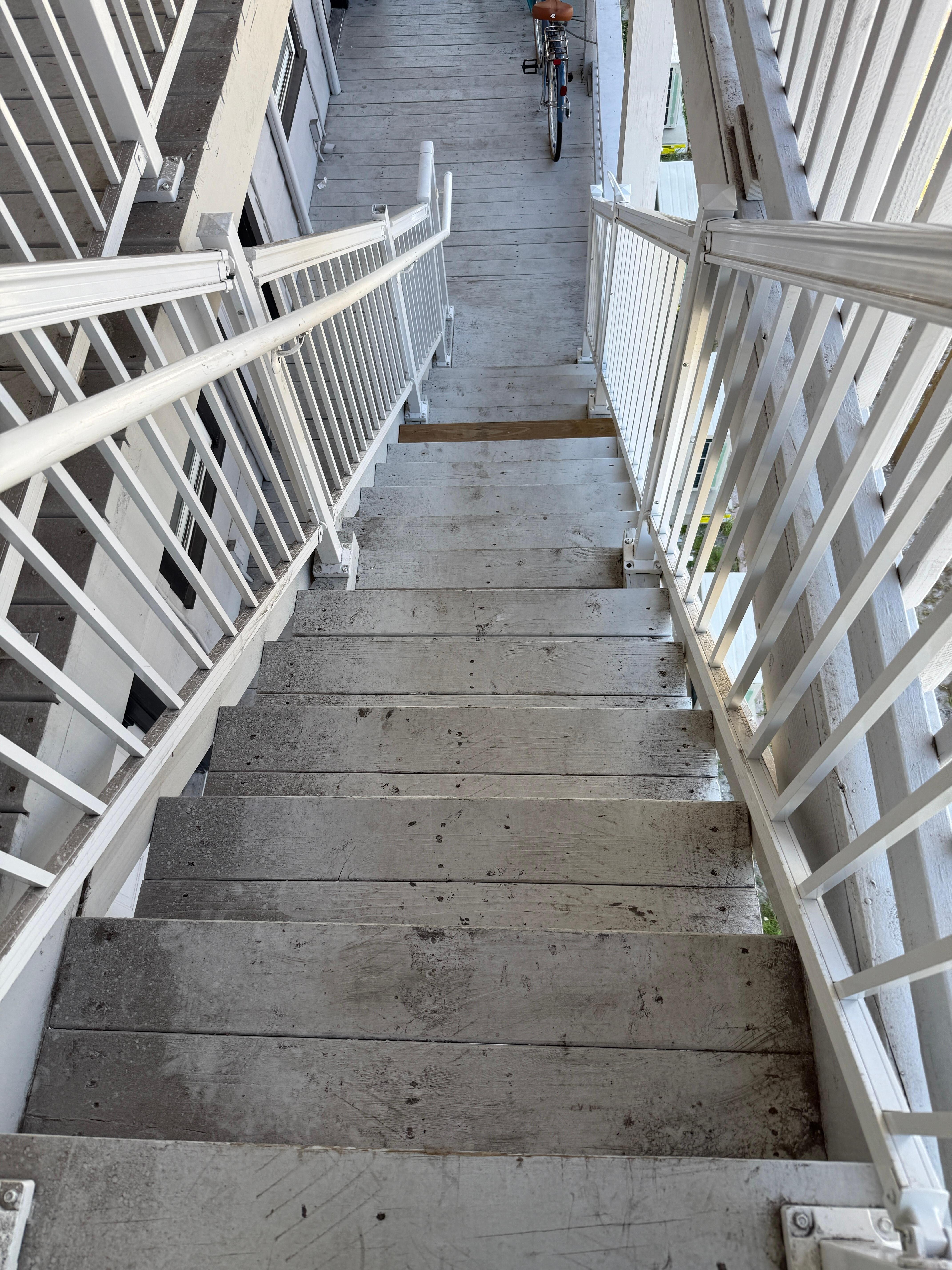 Long steep stairway to 2nd floor unit.  No elevators.