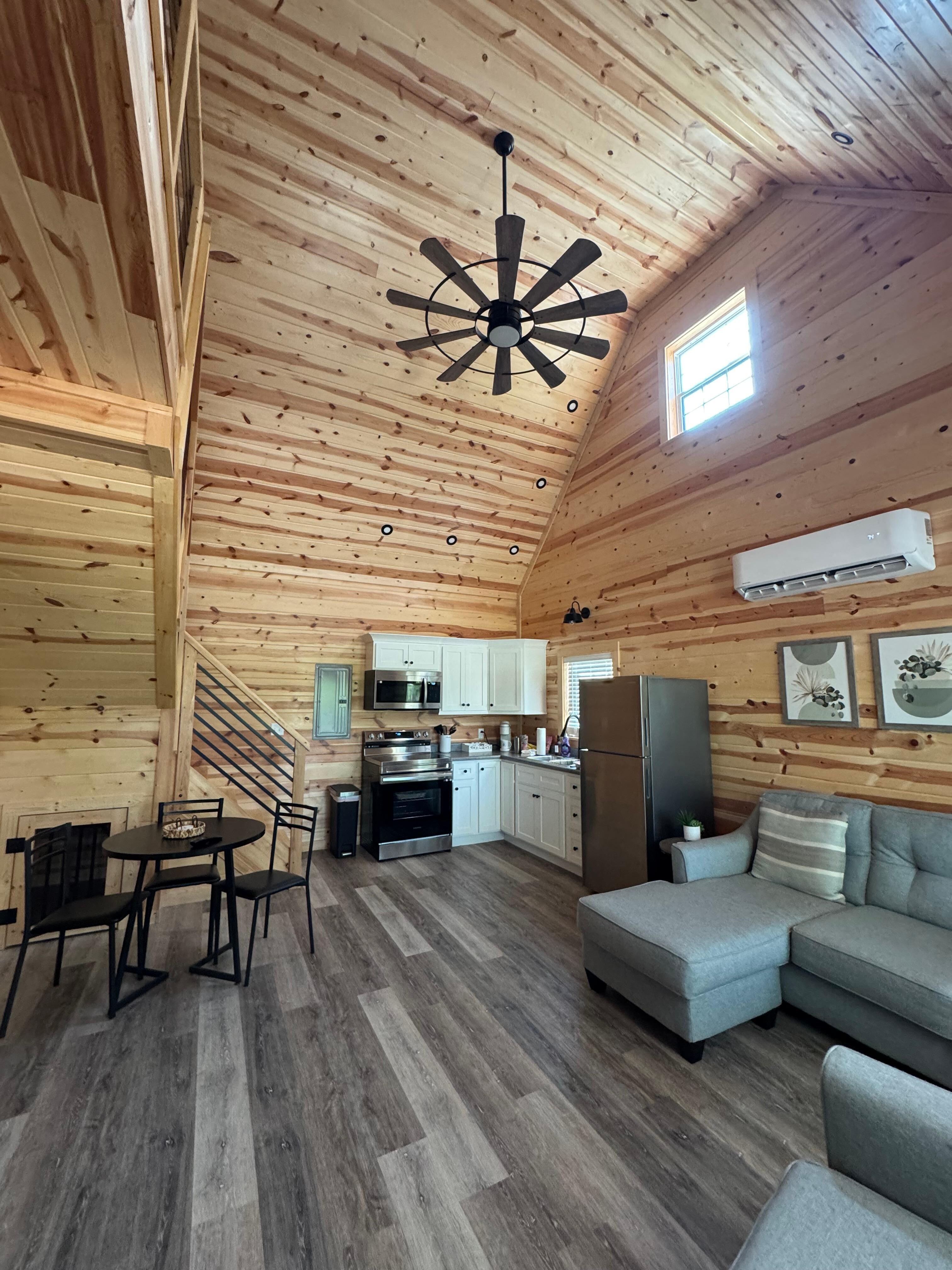 This cabin seems even bigger in person with the cathedral ceilings. The design/floor plan was very thought-out to maximize space. 