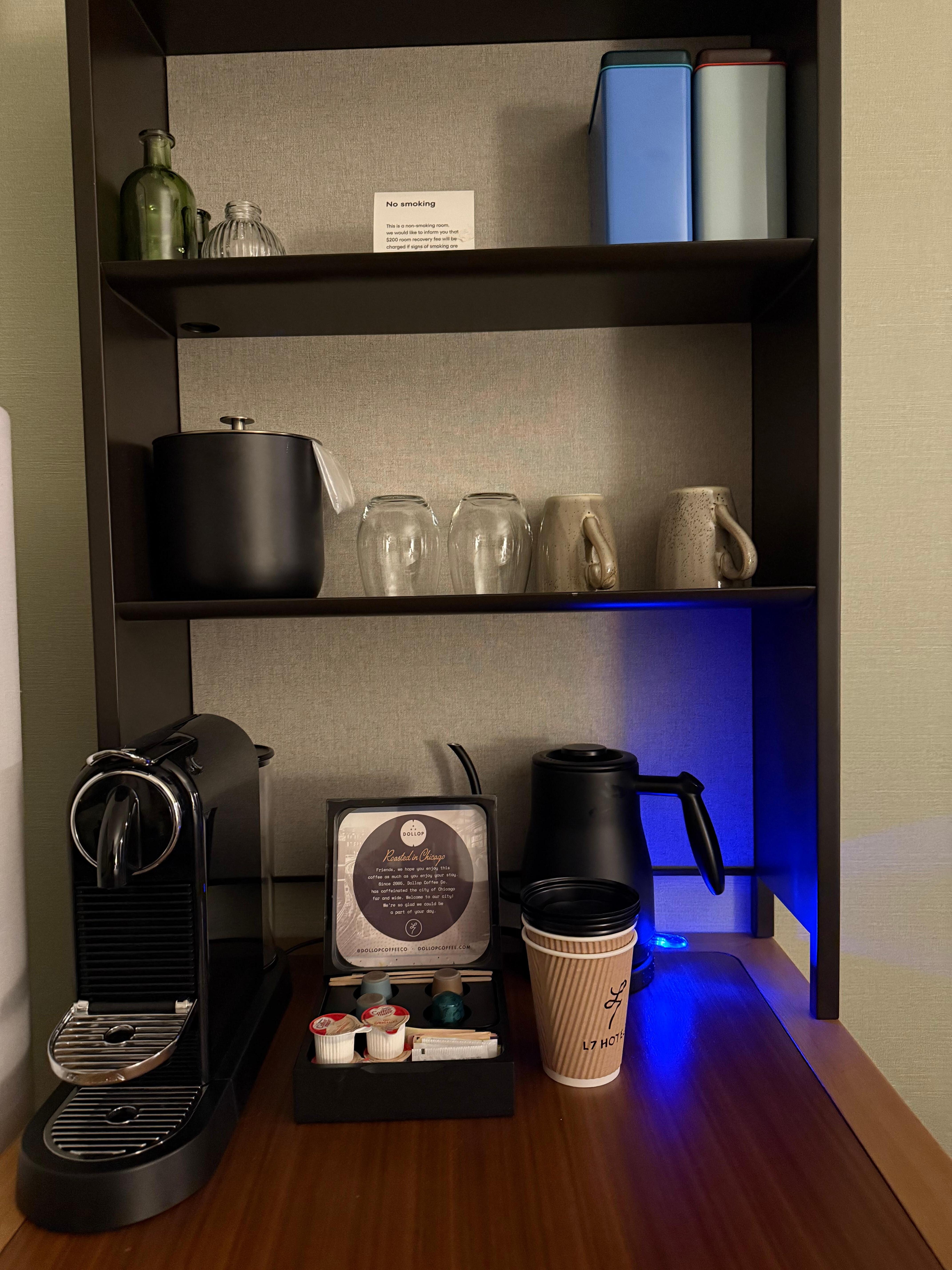 Coffee/tea set-up in the room. Love when I see an electric tea kettle in my room! 
