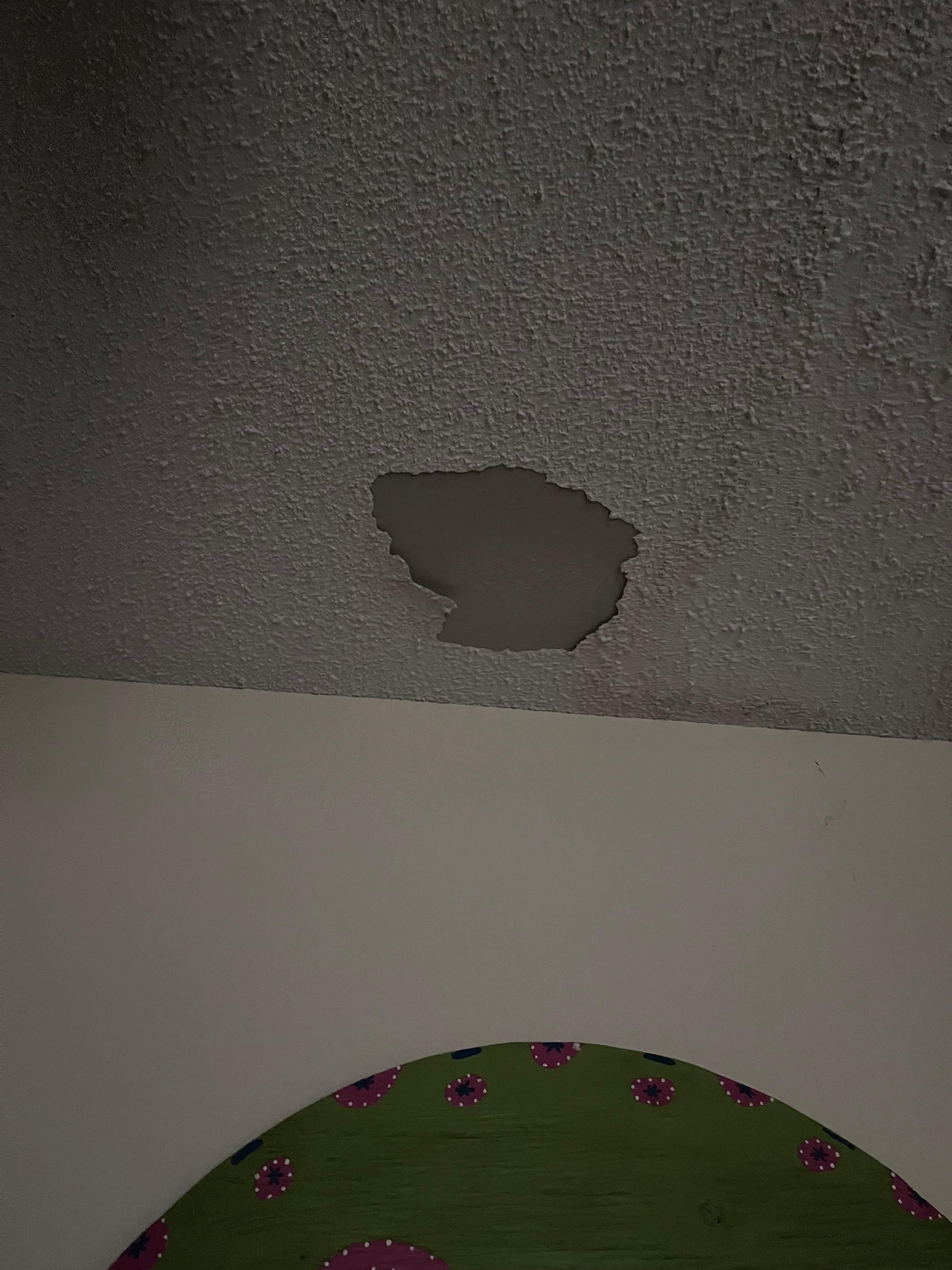 Peeling ceiling above the bed.