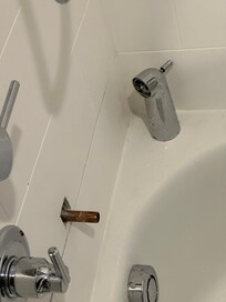 Tub spout was loose and fell off when I turned the water on. Water shot straight out at the opposite wall. Surprise!