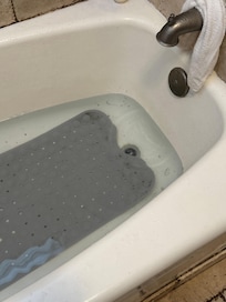 Standing water which caused the need to pull back a filthy tub mat which was covering the drain to find paper pieces in the screen. We did not use this except the one time upon arrival.