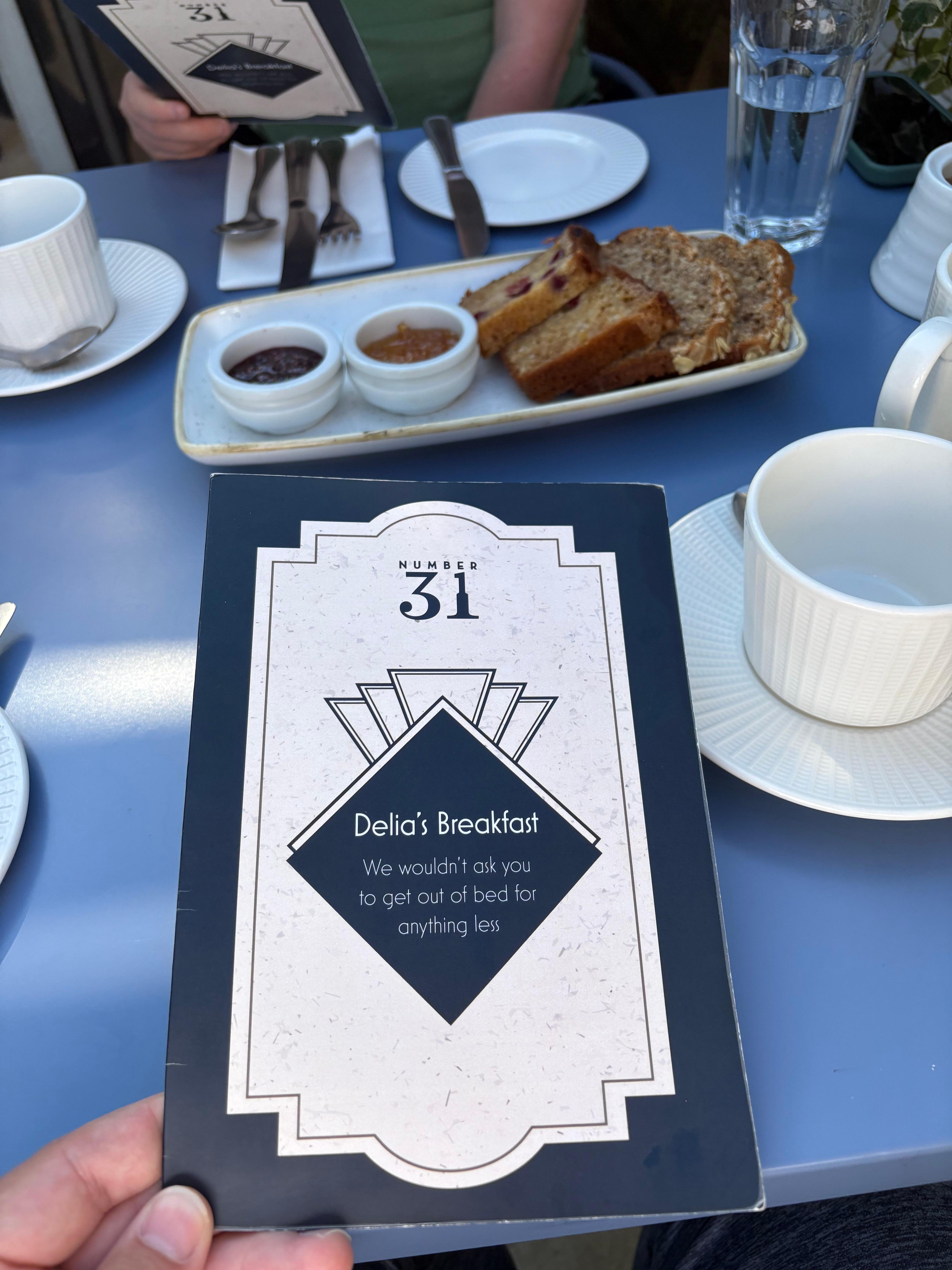 Breakfast menu and starter bread and Jam