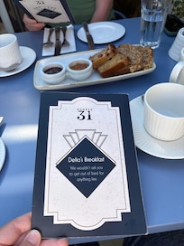Breakfast menu and starter bread and Jam