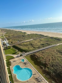 Pool and hot tub view from balcony
