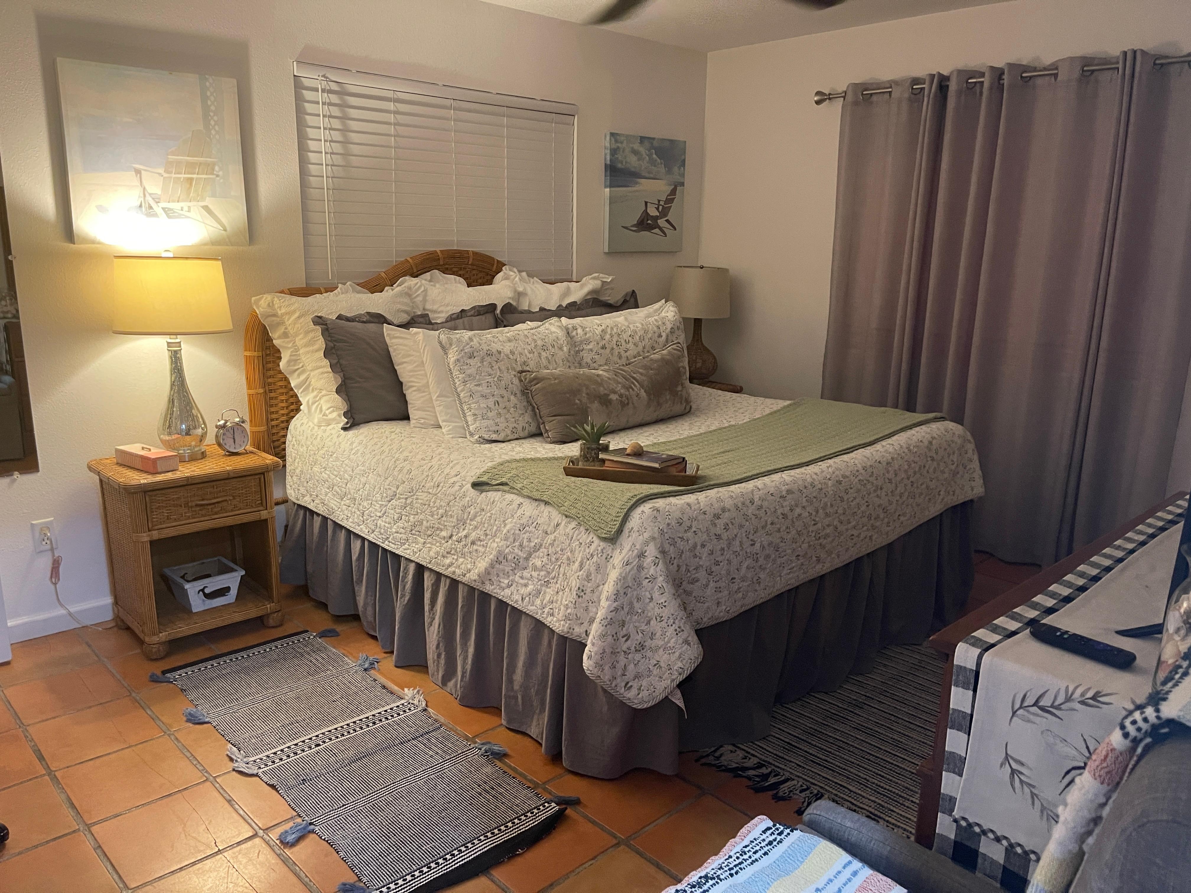 Beautiful cozy, comfy king bed.