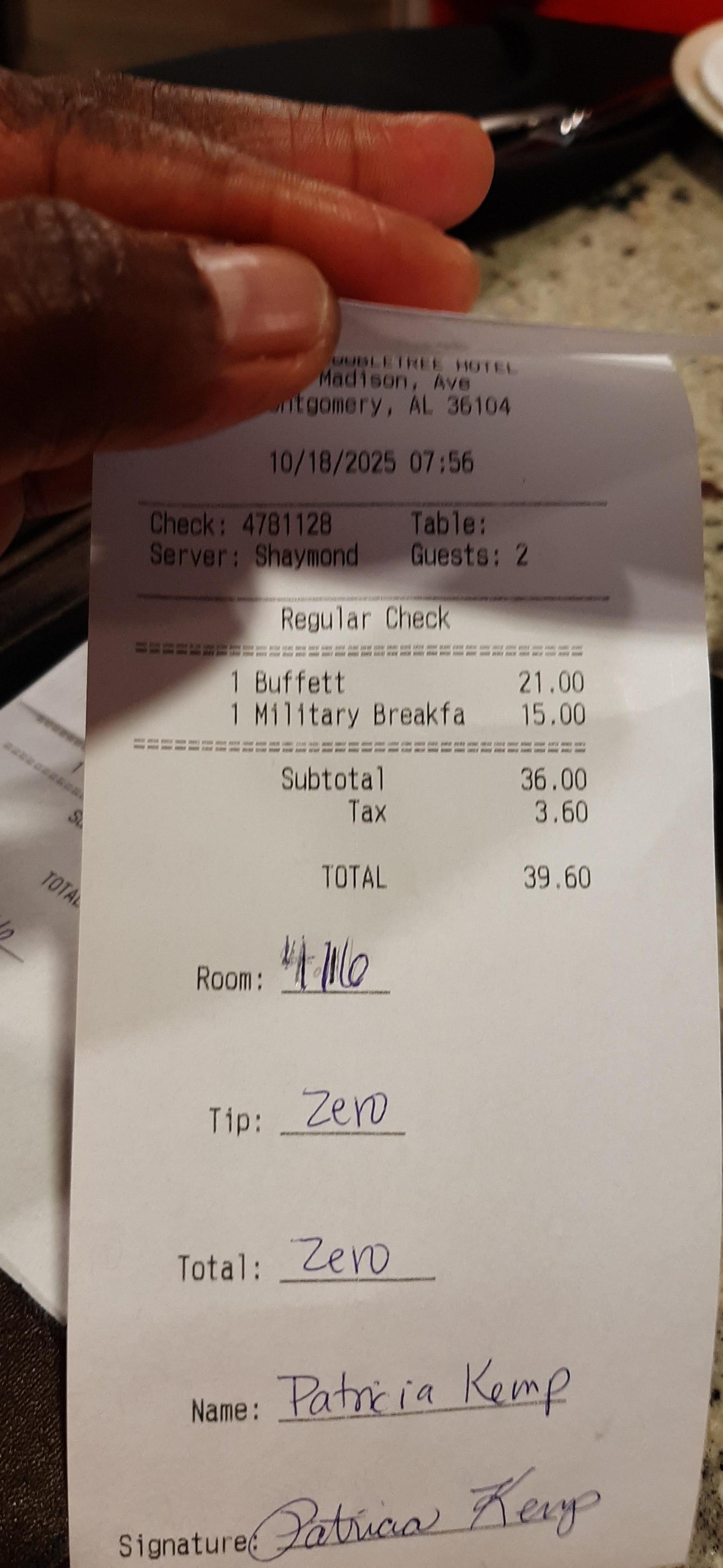 The double charged breakfast. This is my receipt. I got eggs from the buffet and I'm not a veteran and did not say I was.