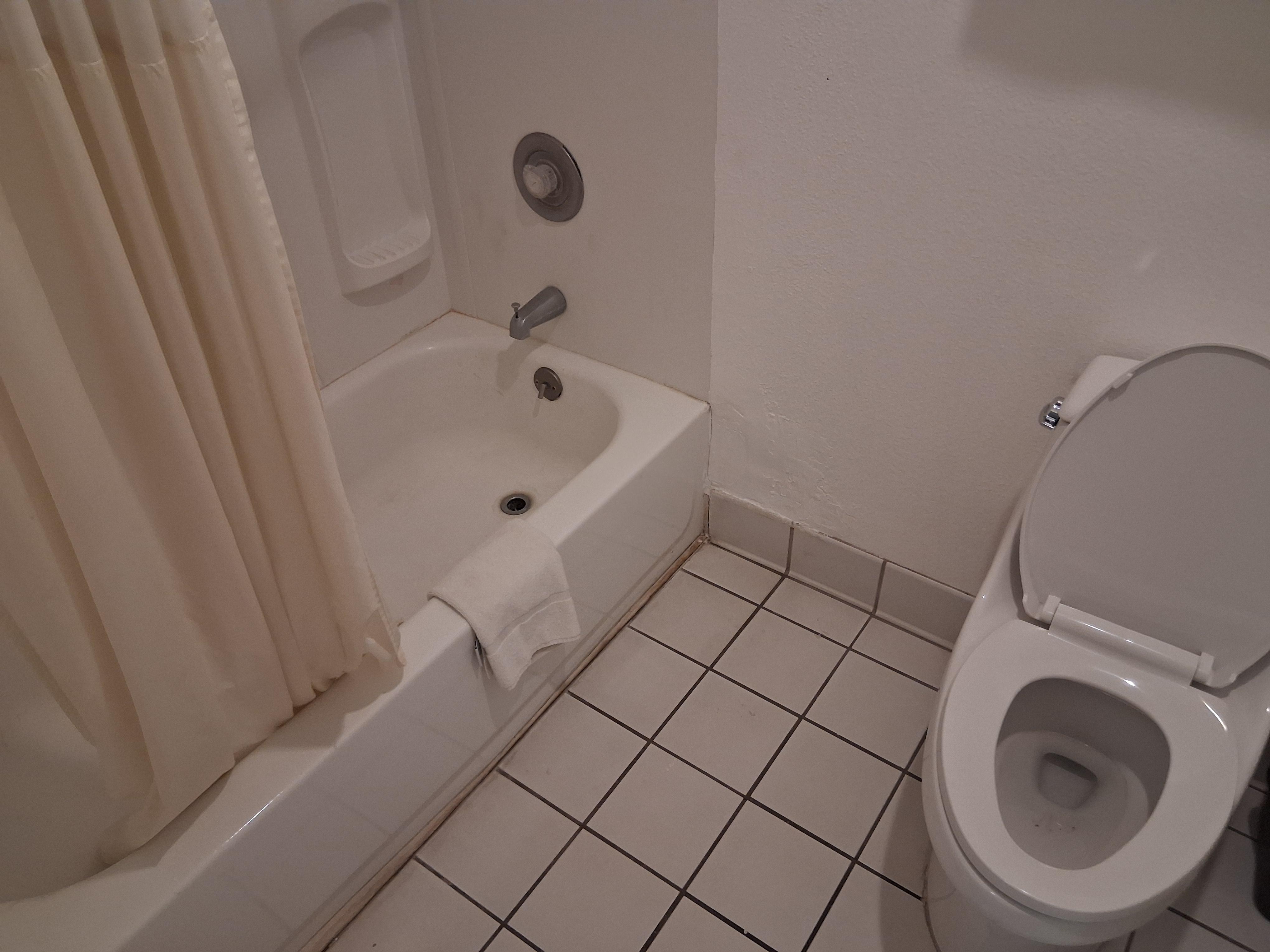 Rundown bathroom.  Visible ring in the toilet. 