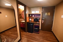 Note the fridge and very large mirror