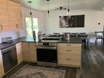 Modern kitchen and dining facilities.