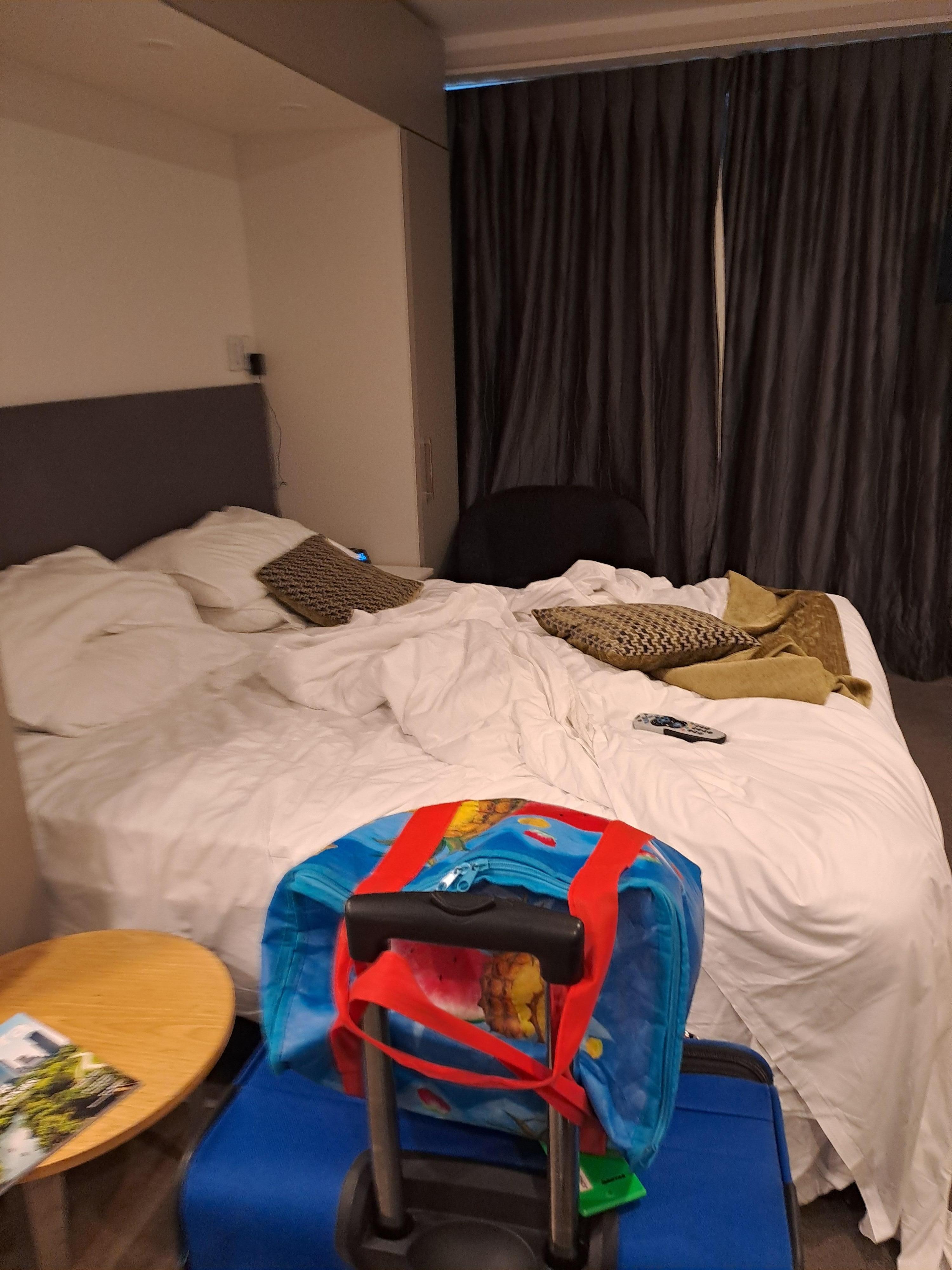 Bed comfortable.  No side-table on left had to use small table put in front of cupboard 