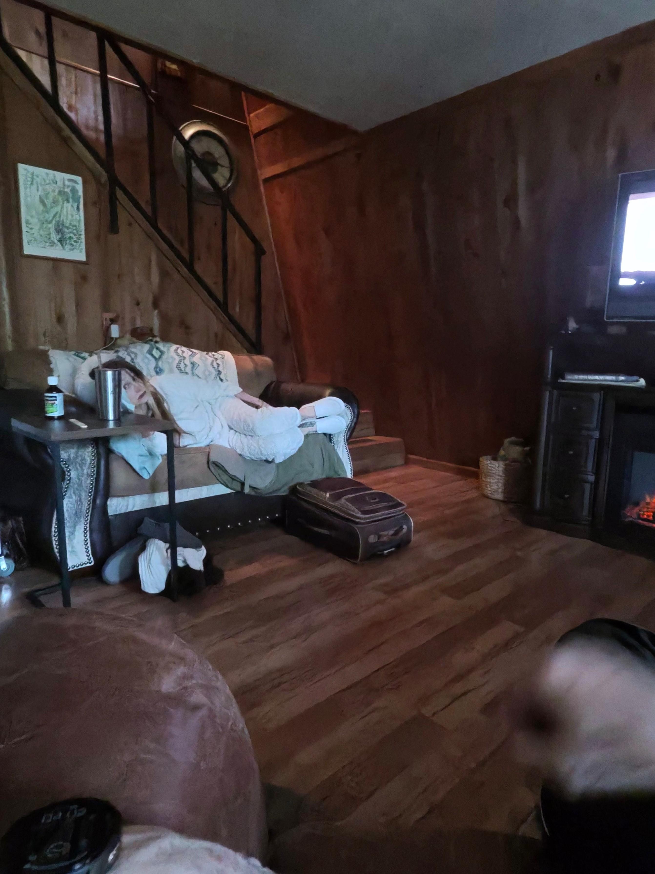 The stairs leading the the master bedroom from the living room.