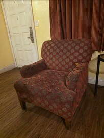 Filthy, thread bare, stained, and torn arm chair.