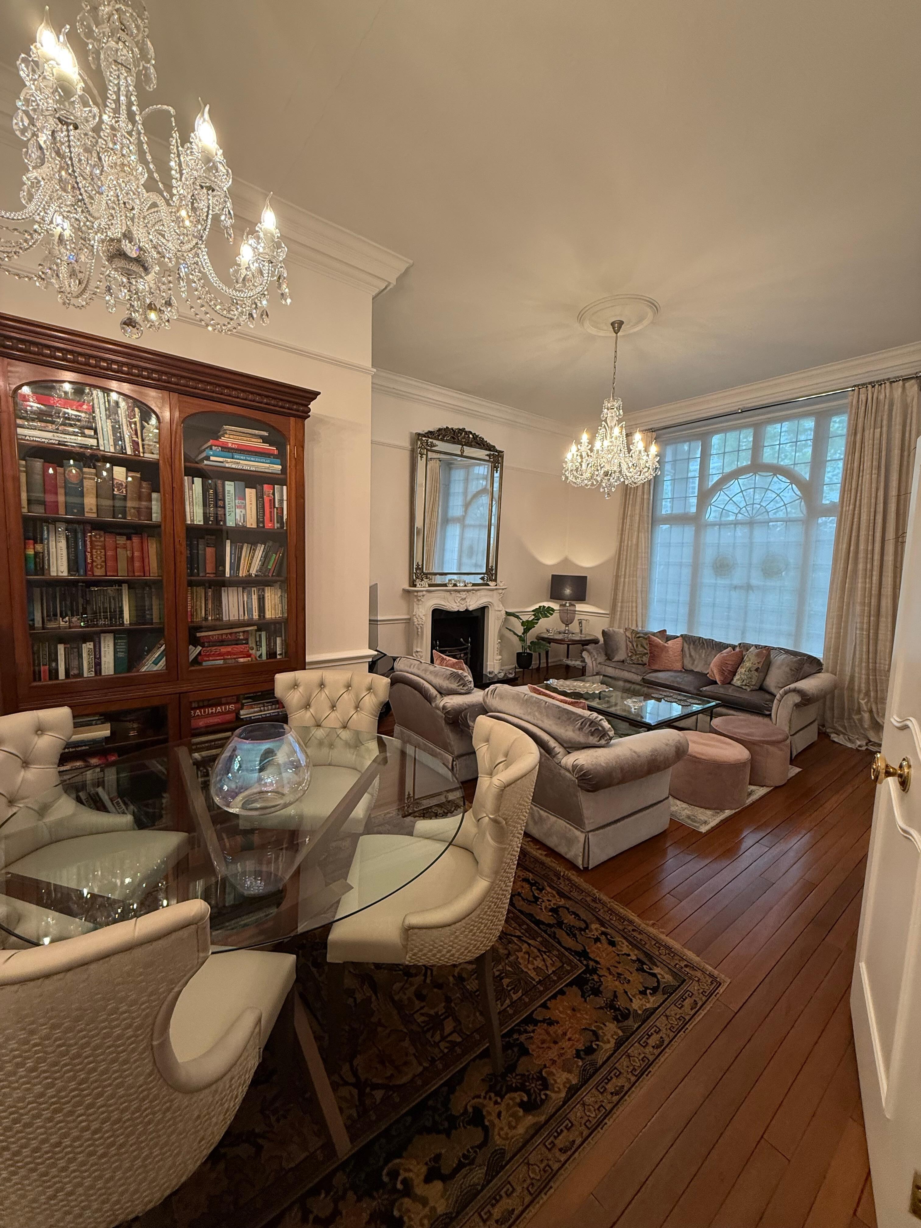 Sitting room with beautiful chandeliers. 