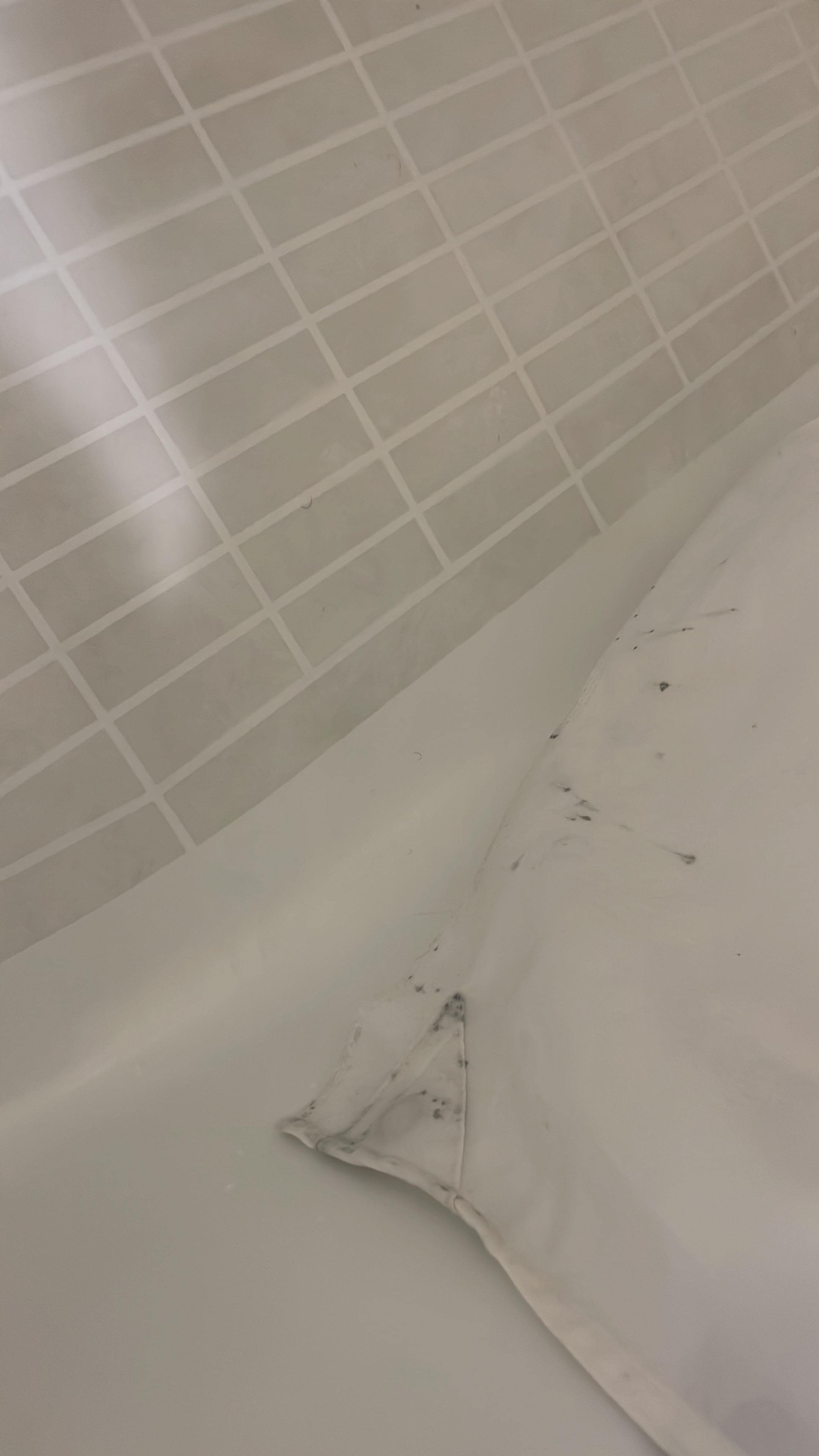 Dirty floor with black mold like substance in shower