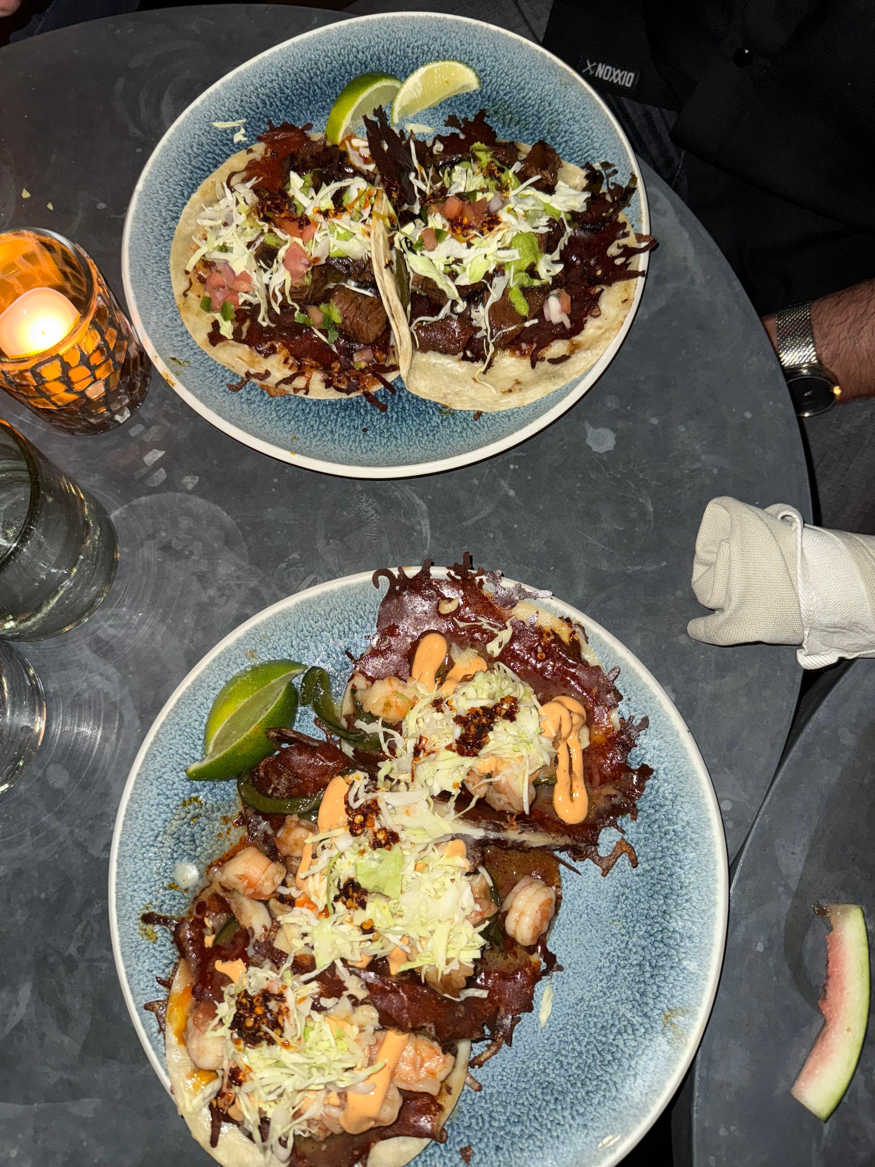 Kateen shrimp and skirt steak tacos