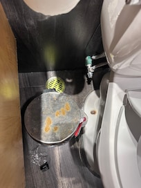 Single rusted trash can beside toilet