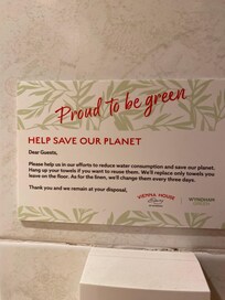 This is the notice that supposedly explains that the room will not be cleaned for 3 days. We were left with overflowing bins, dirty cups, dirty sink and shower, and apparently this notice advices travellers of this.