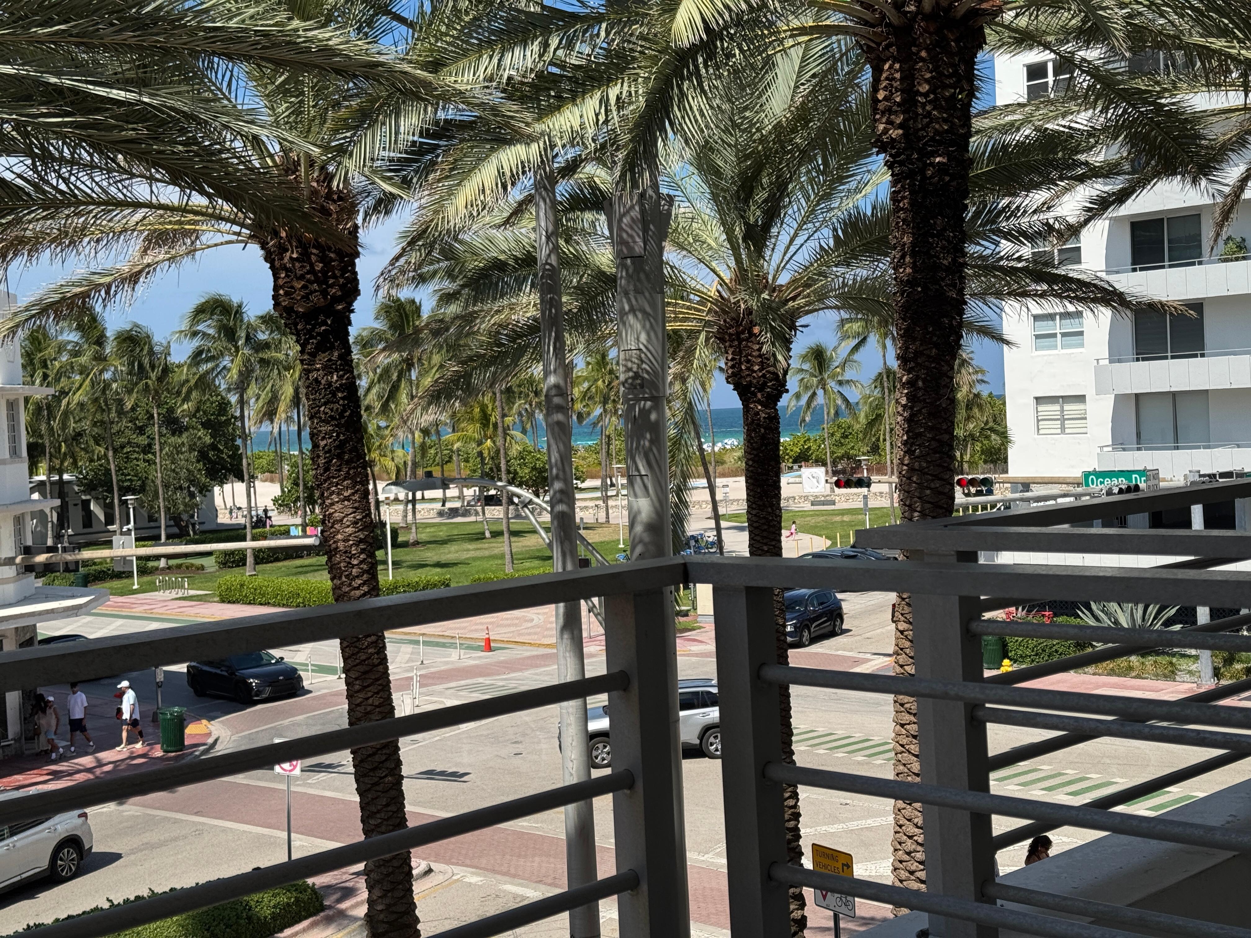 View from balcony towards park and beach