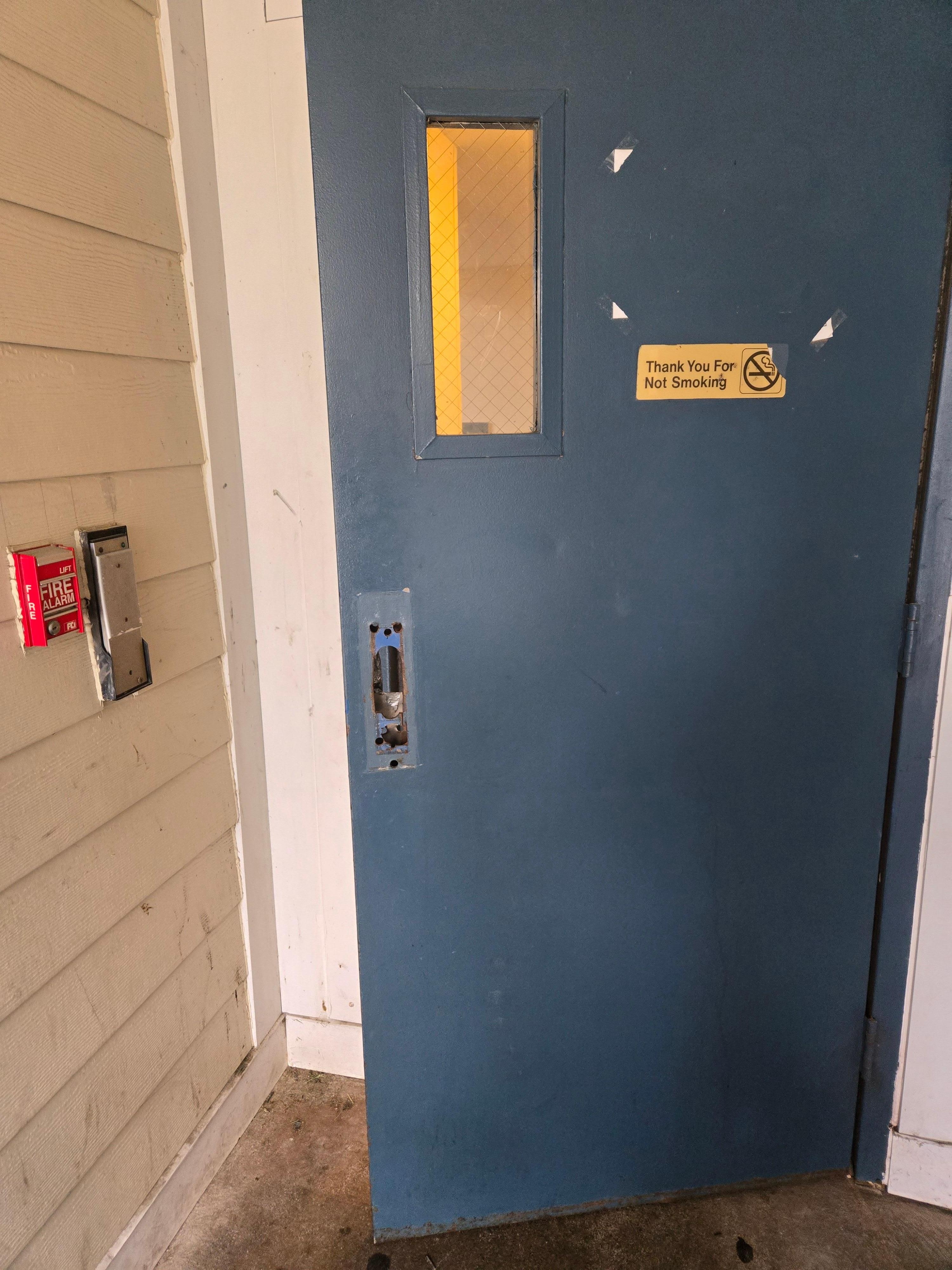 First floor exit door, no lock.