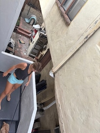 Disaster next door & stairs going up