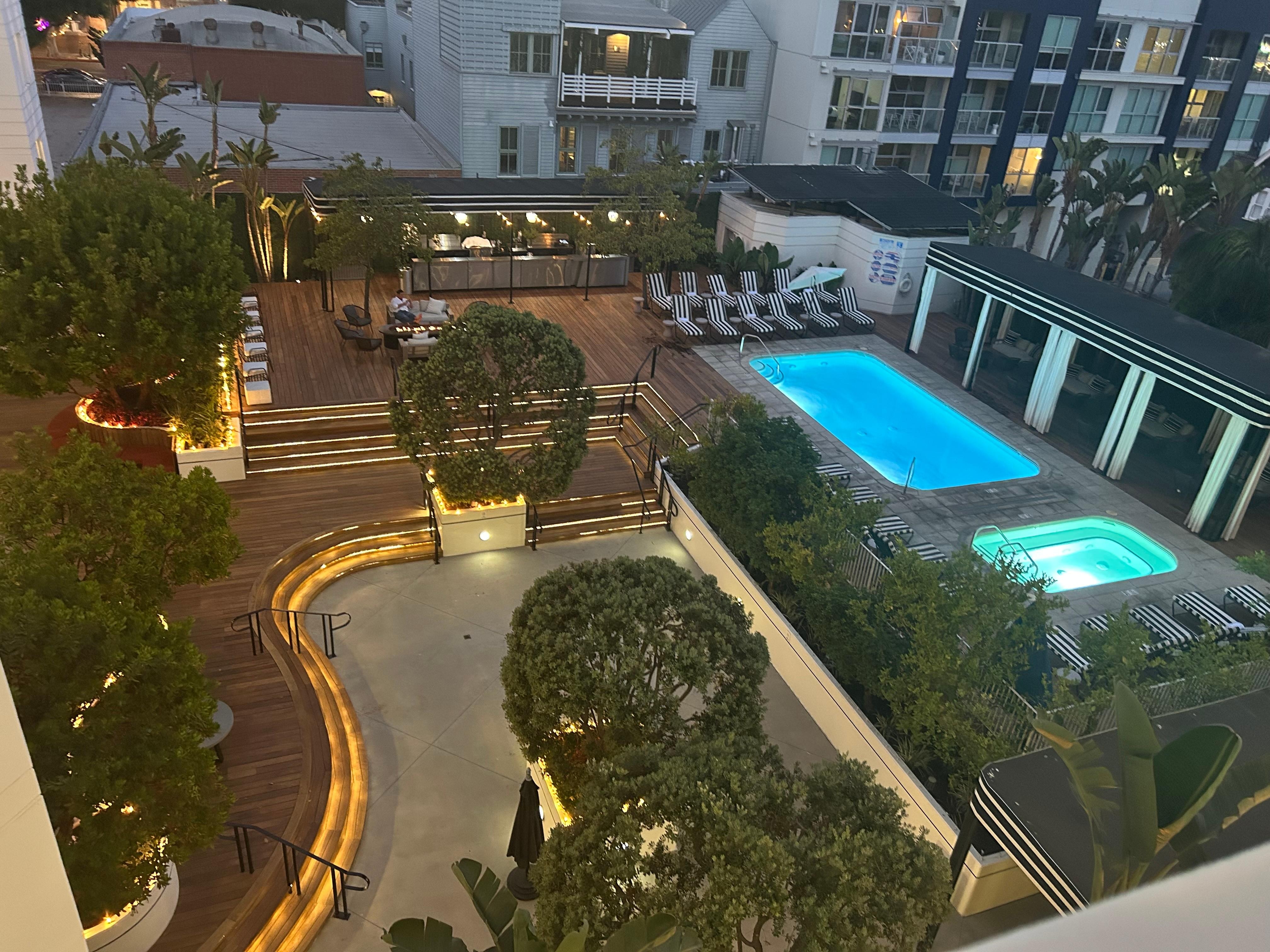 The pool deck at night.