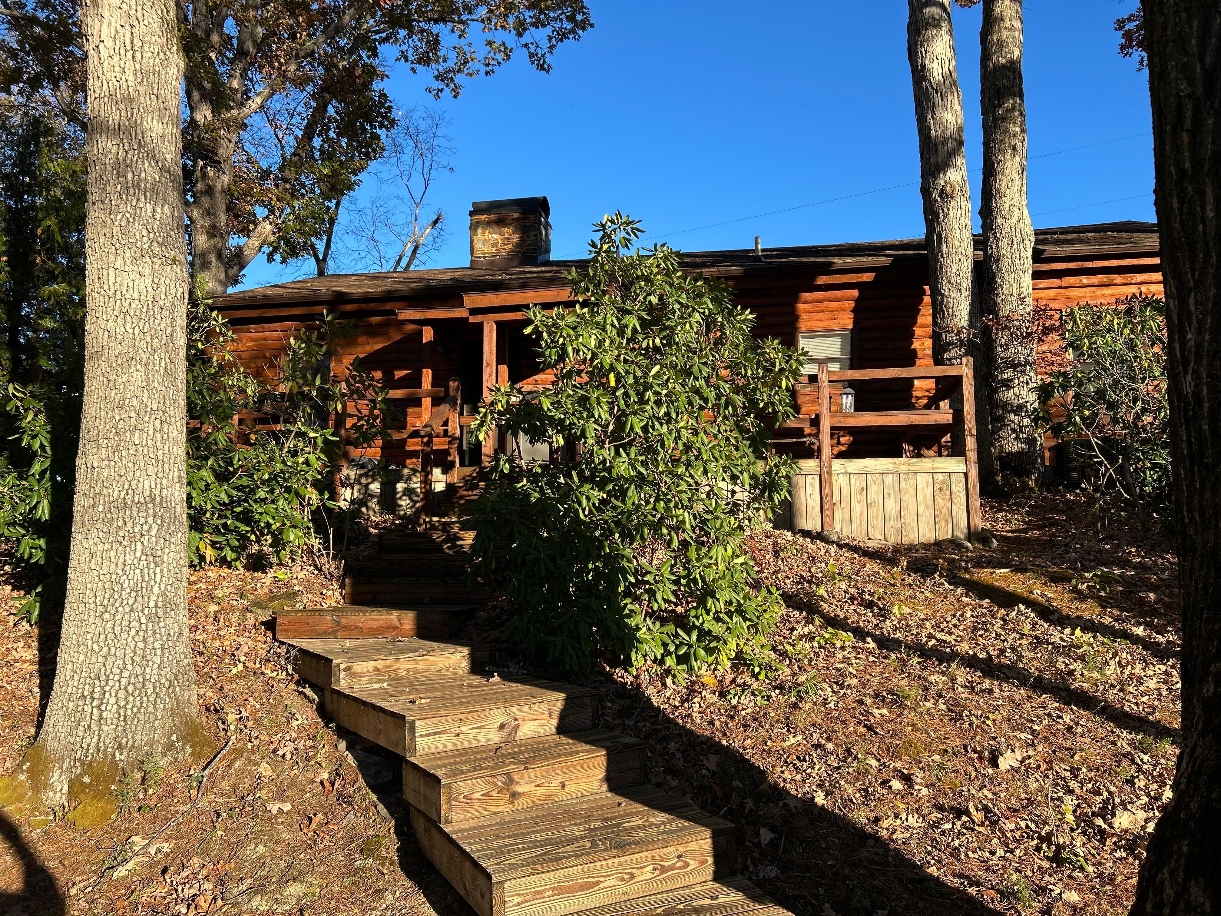 Looking up at the cabin from the tiered deck