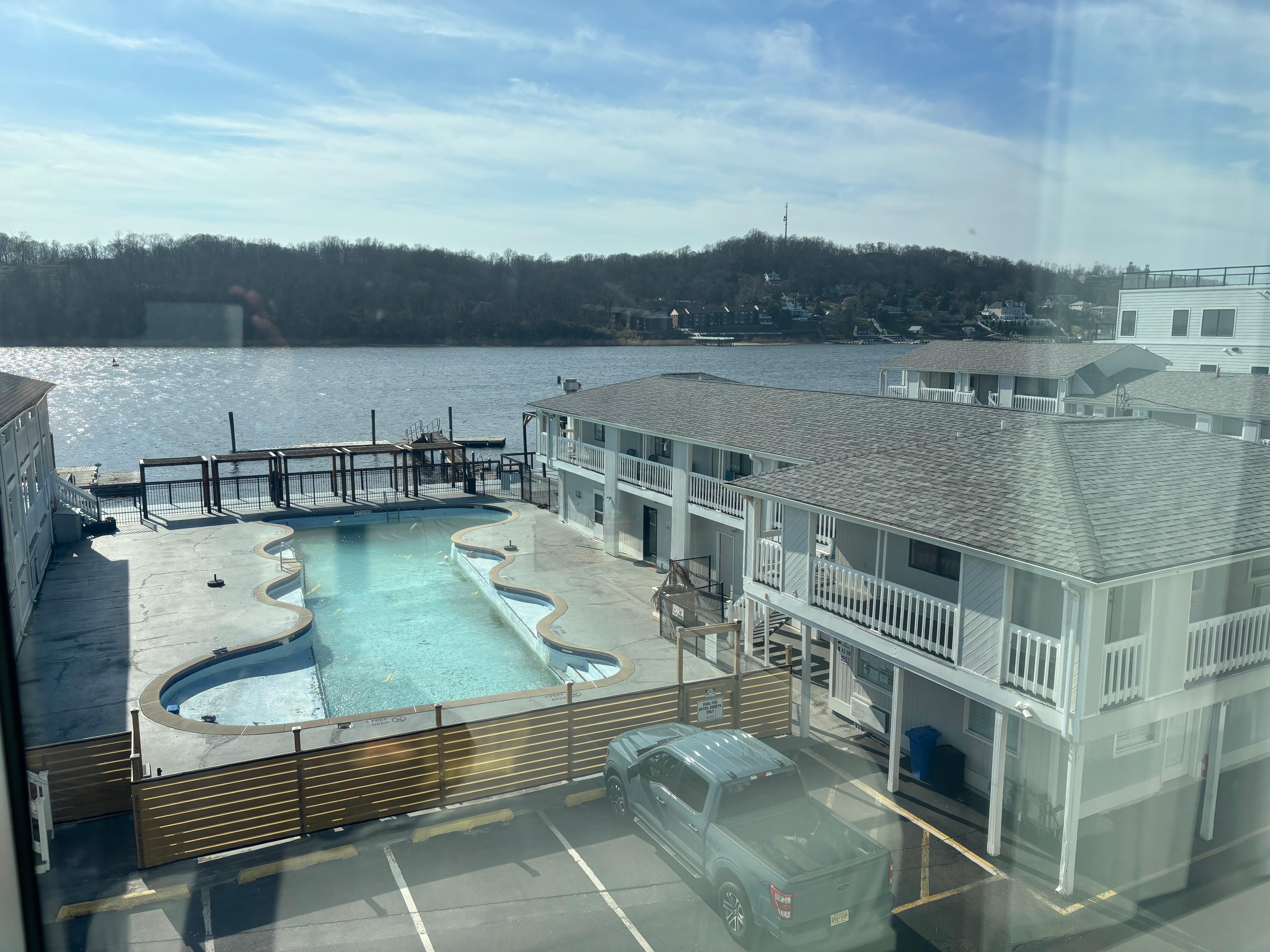 View of the pool off season and Shrewsbury River.