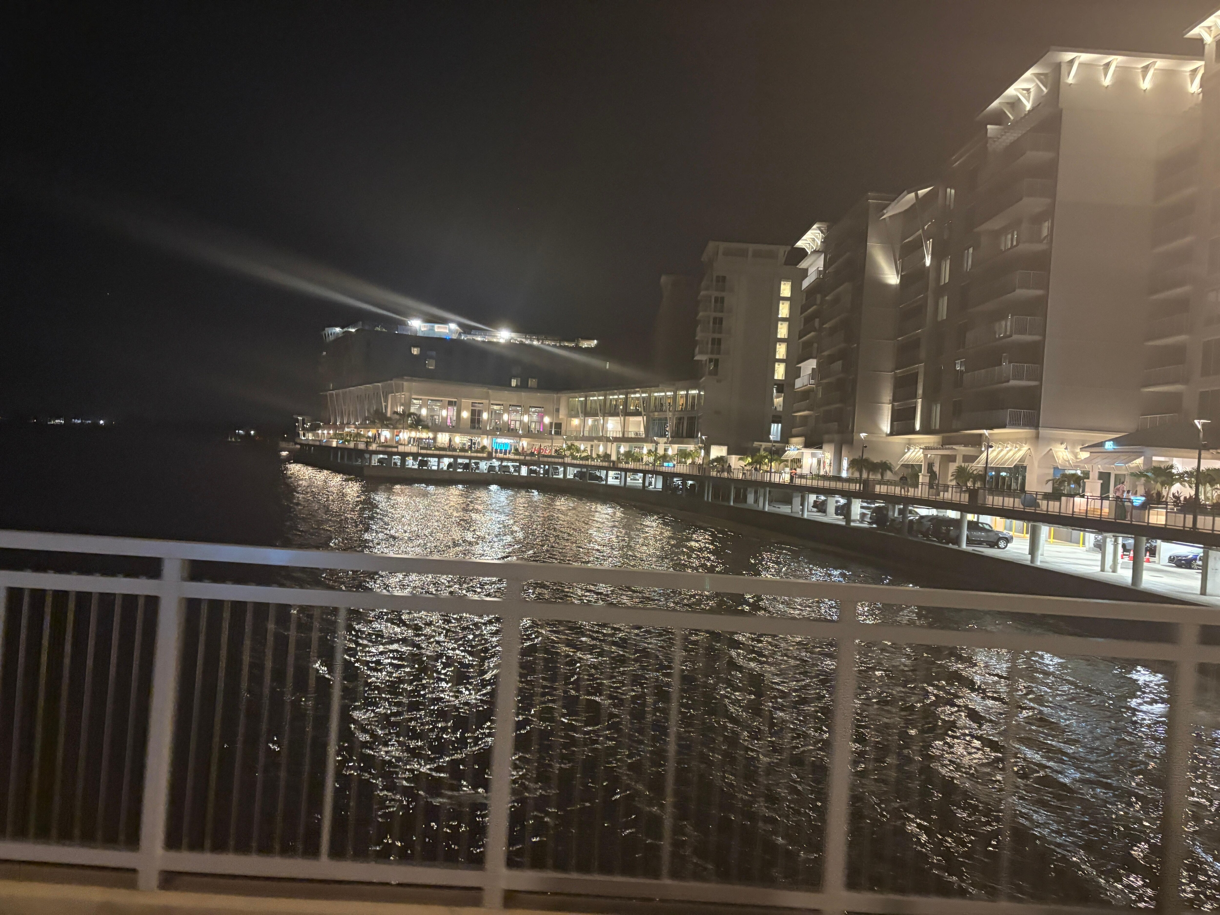 Night time walk along the walkway of the resort