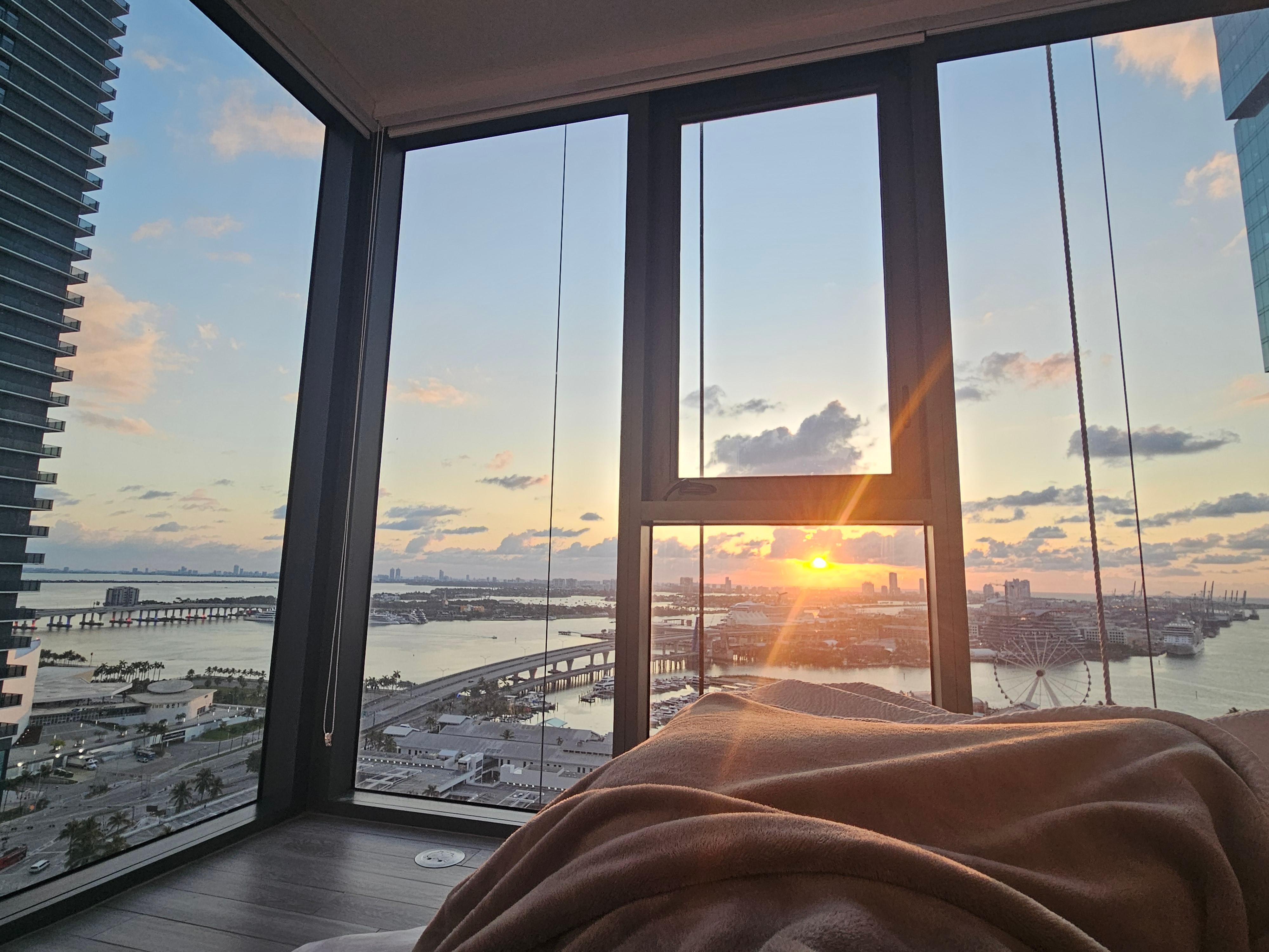 Sunrise from bed! There are blinds on all windows if you prefer blackout.