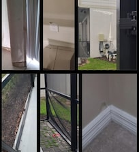 Stained curtains, damaged screens in pool area, and other wall/floor damage