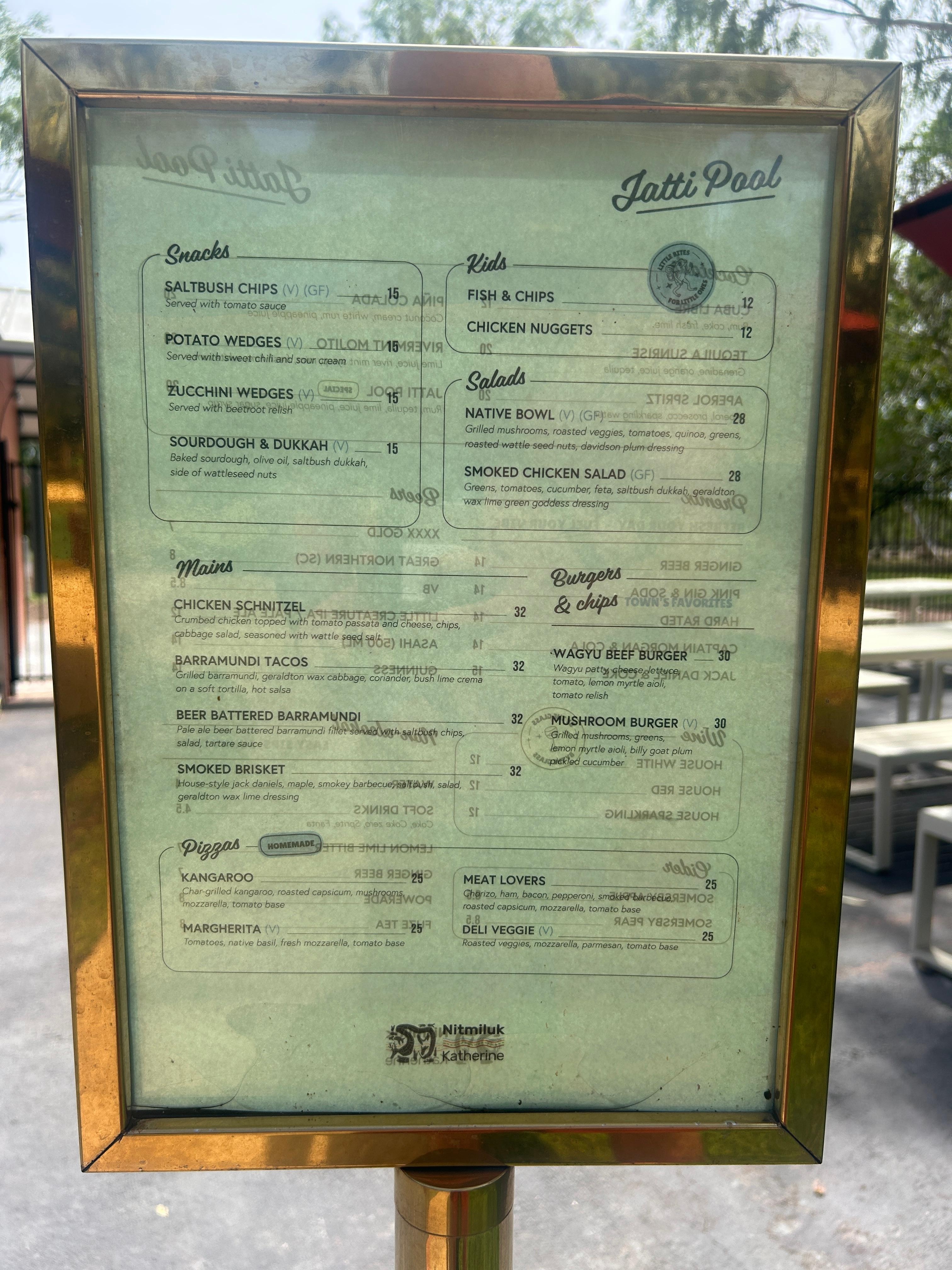 Menu at the pool/ bar