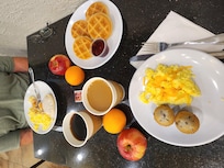 Yummy breakfast today included eggs, muffins, fruit and self made waffles!