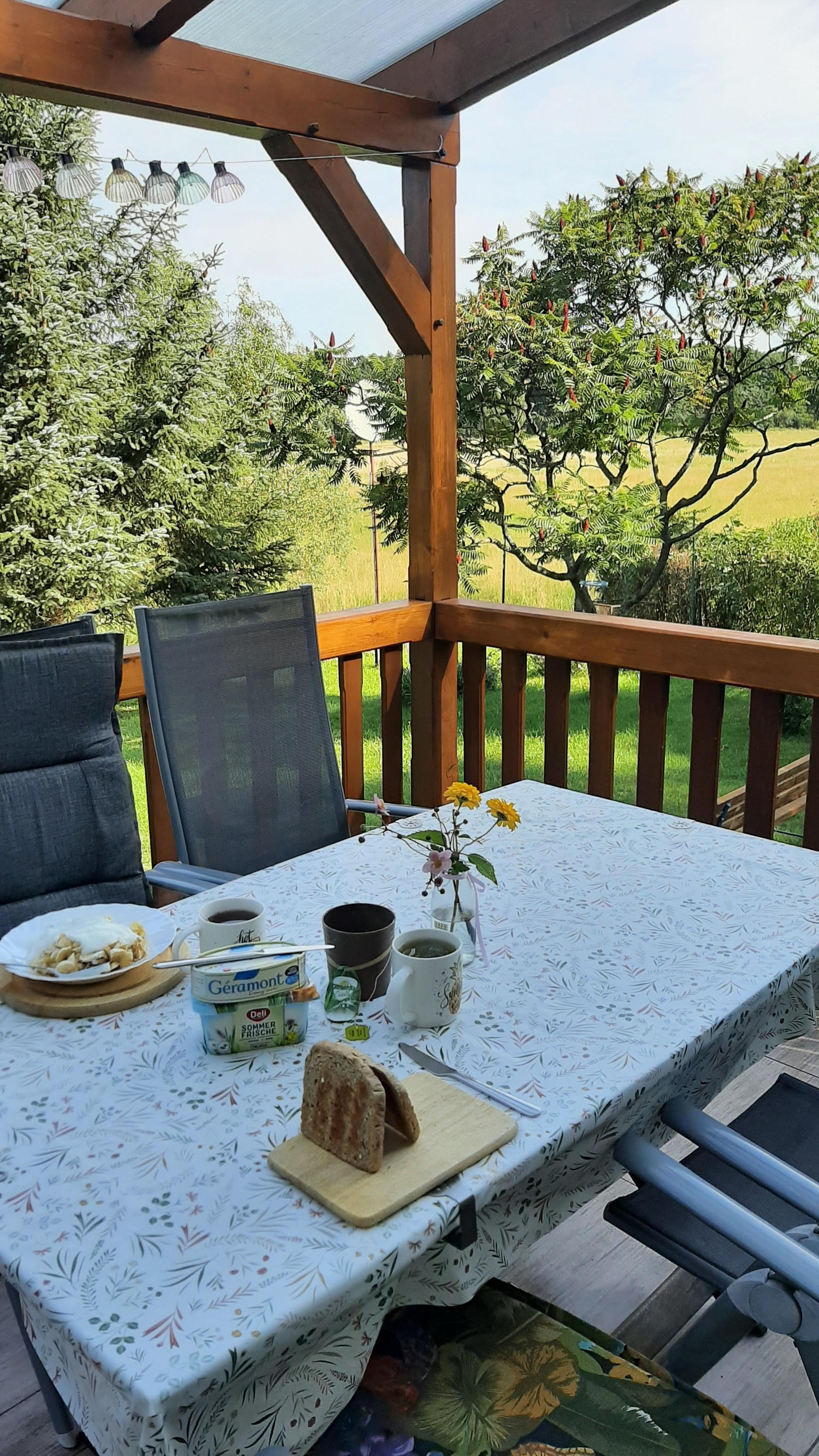 Sehr schöne überdachte Terasse mit einem weiten Blich auf Wiese, Wald und See.