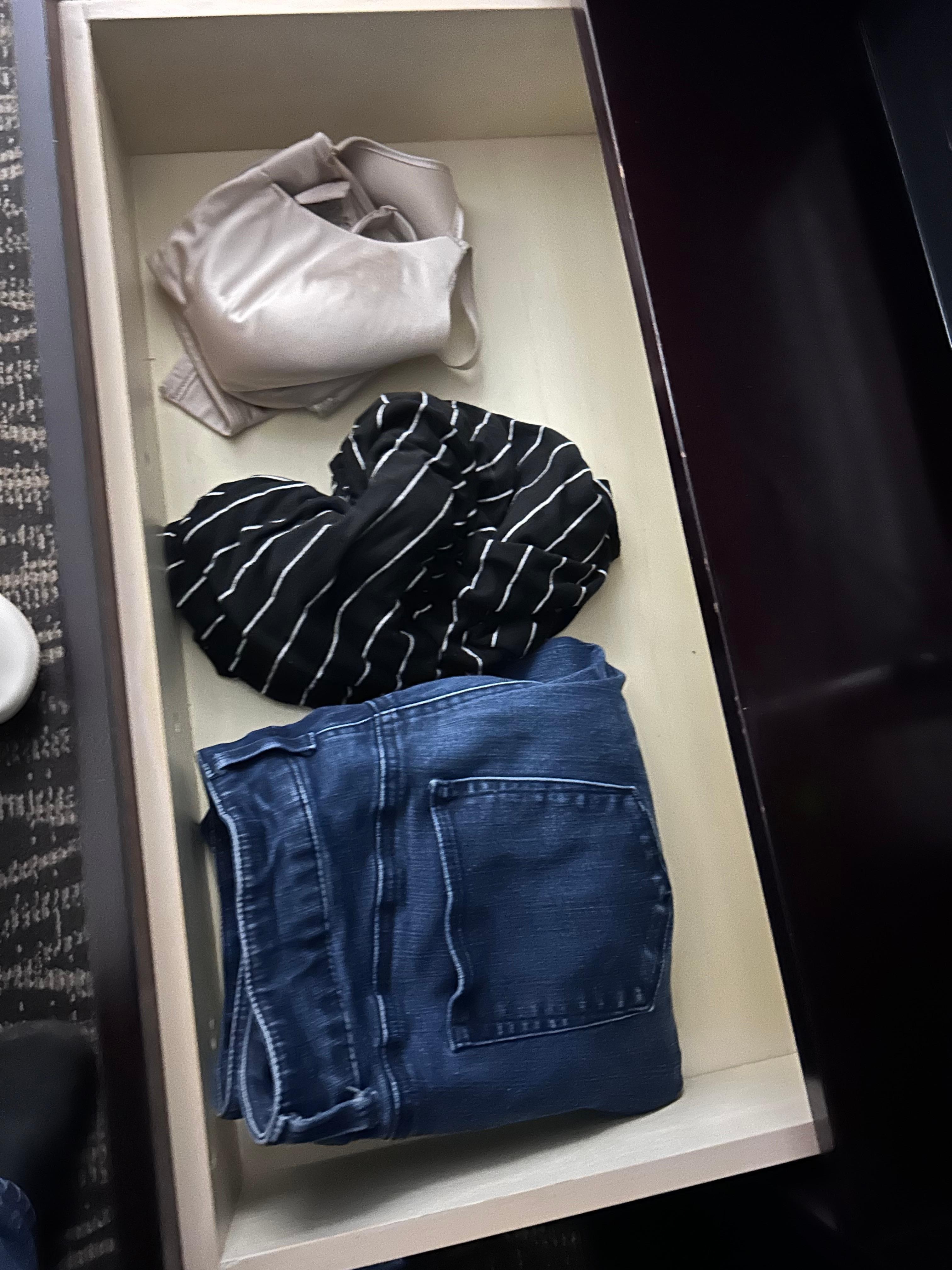 Clothing found in the dresser guessing from the previous guest…..how much cleaning to the room actually took place prior to my rental.