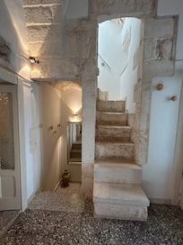 Stairs coming up from the front door and the other flight up to the upper level