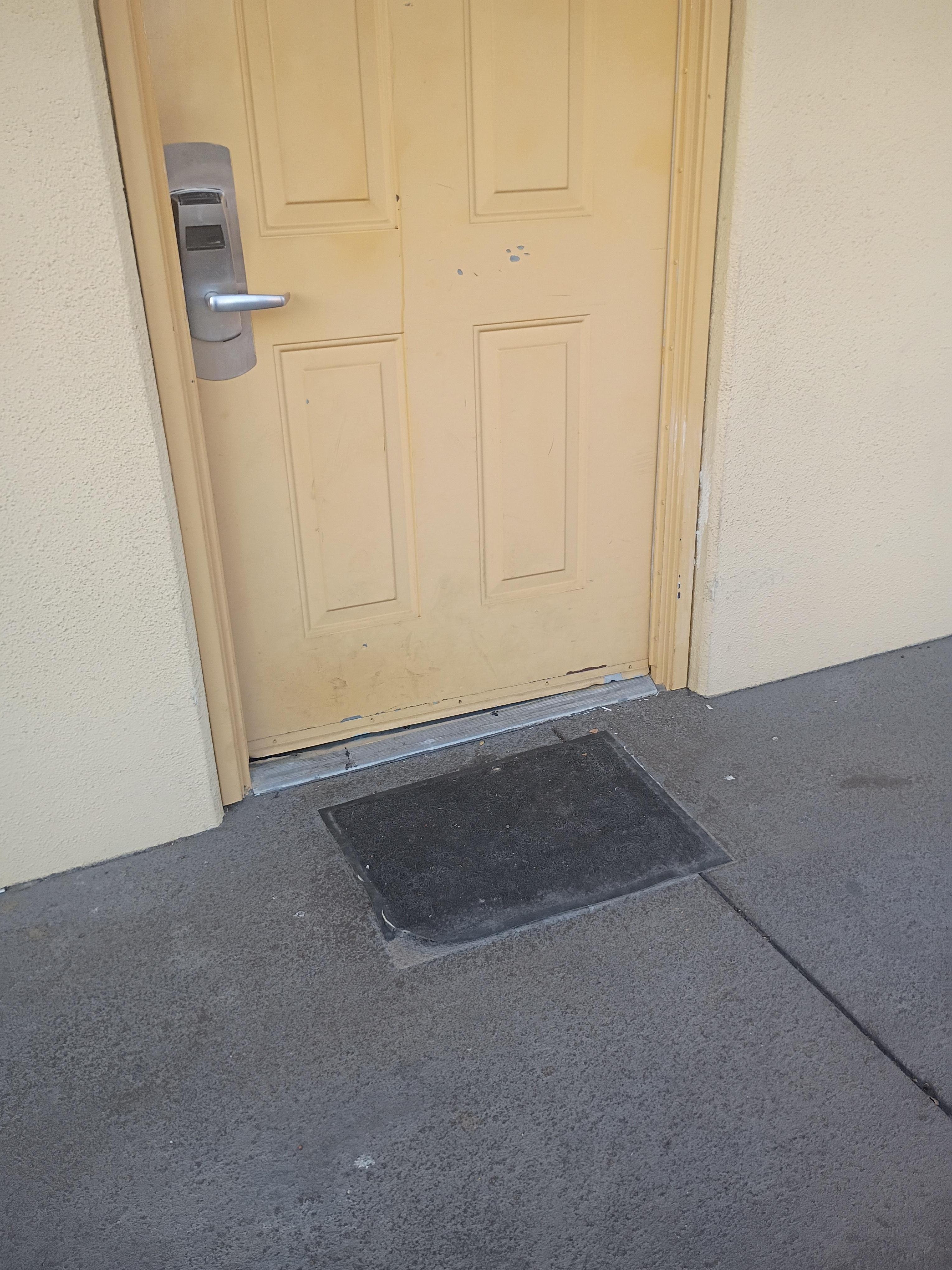 Dirty and peeling paint..rug was glued down ..but was coming up at corners