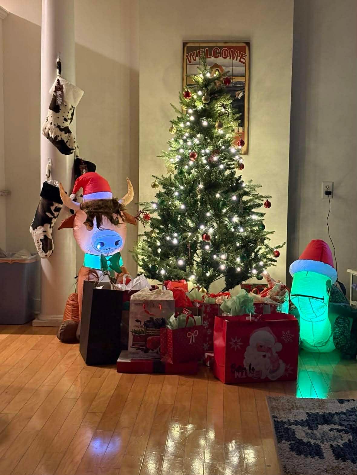 We take a little tree, hang the kids stockings, and do a little gift exchange.  Family time!